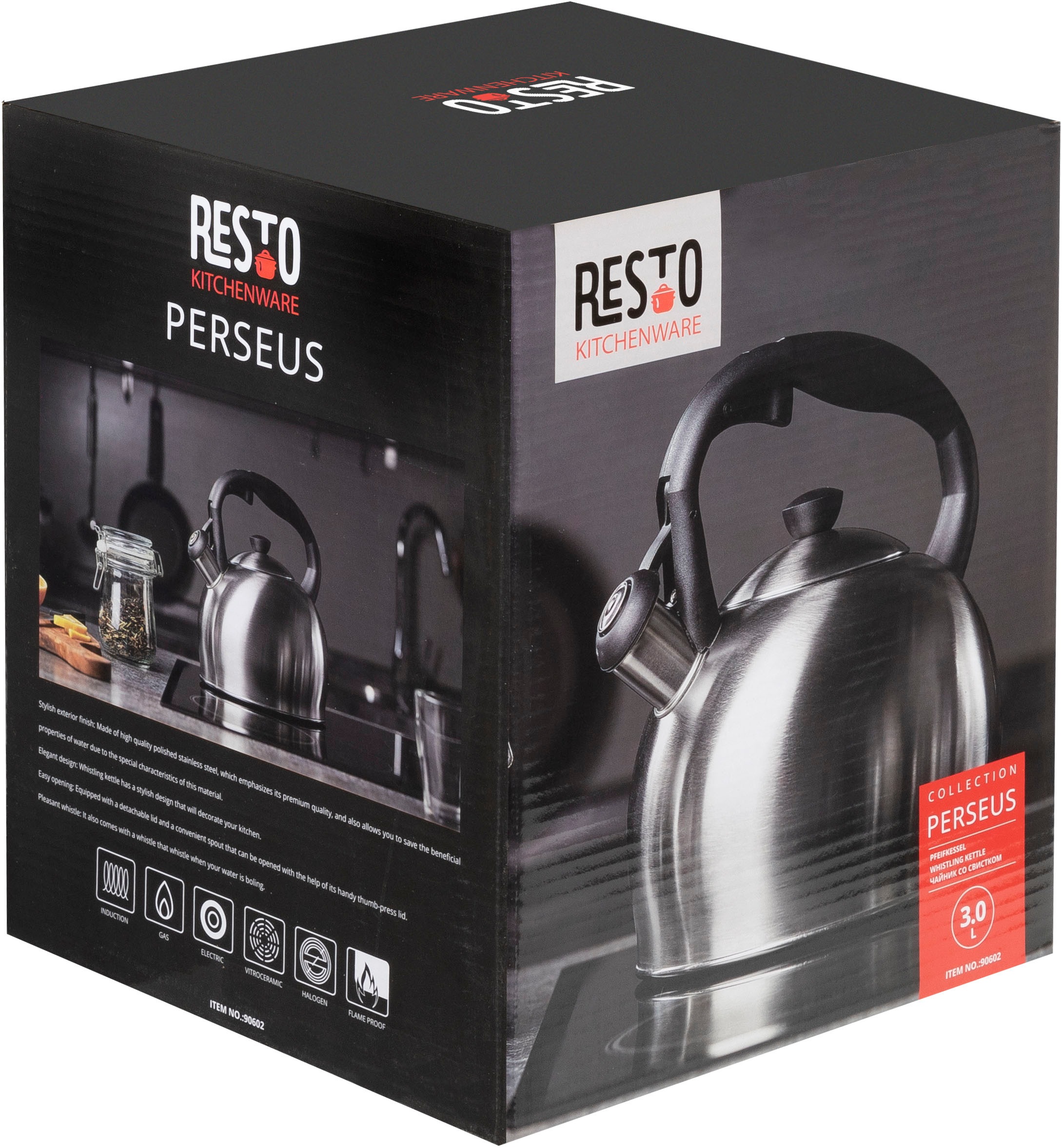 RESTO Kitchenware Wasserkessel »Perseus, Flötenkessel 3 l m. wärmespeicherndem Boden im Geschenkkarton« 1 Stk. tlg. Edelstahl