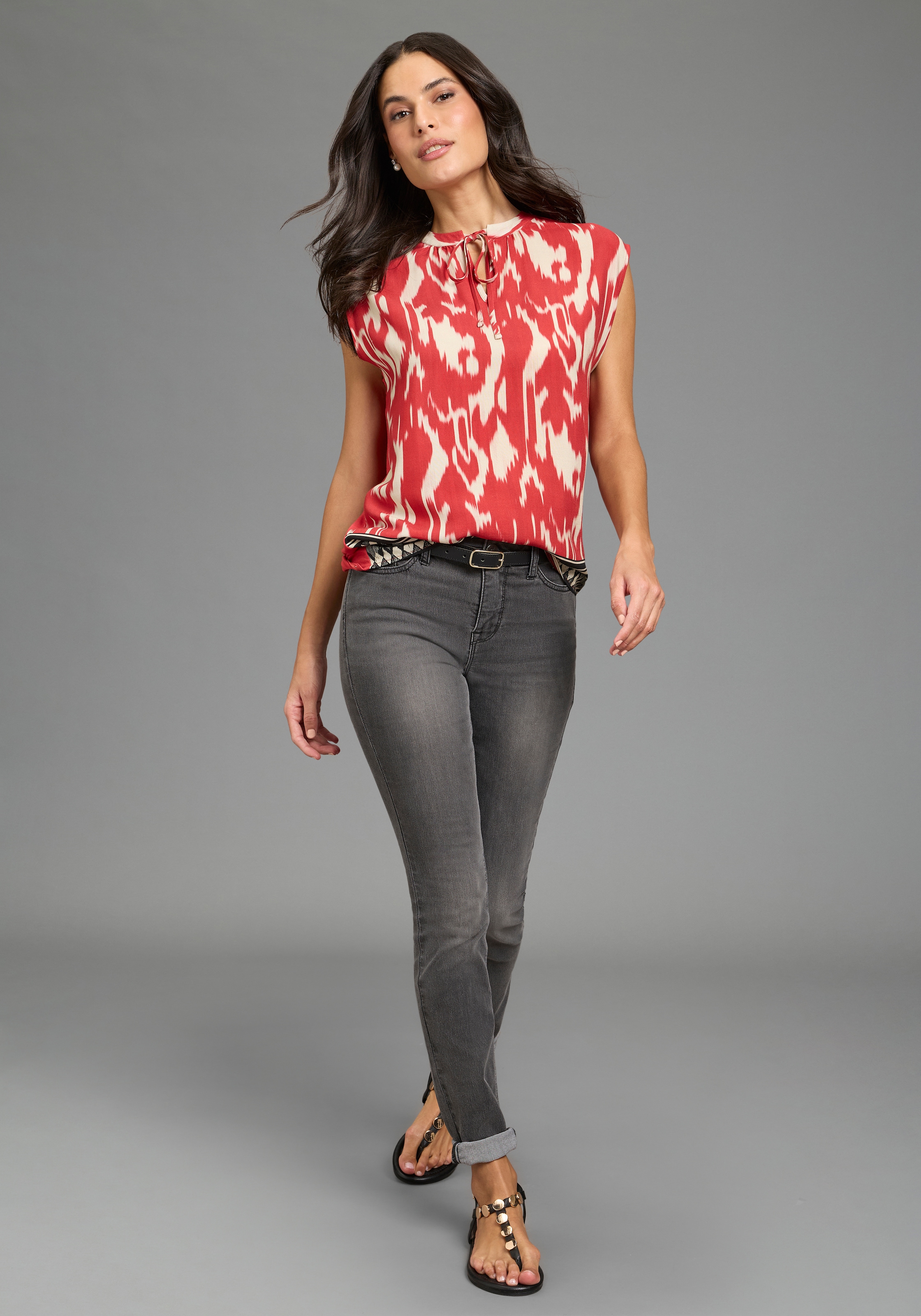 Laura Scott Shirtbluse gemustert mit Bordüren-Print , Kurzarm, aus Viskose