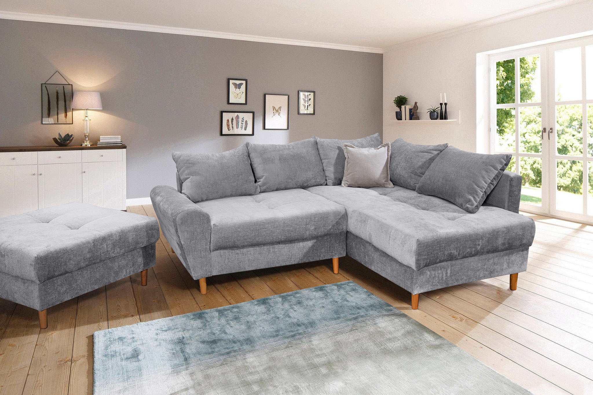 COLLECTION AB Ecksofa »Reims L-Form«, Ottomane beidseitig montierbar, inkl. Bettfunktion und Hocker