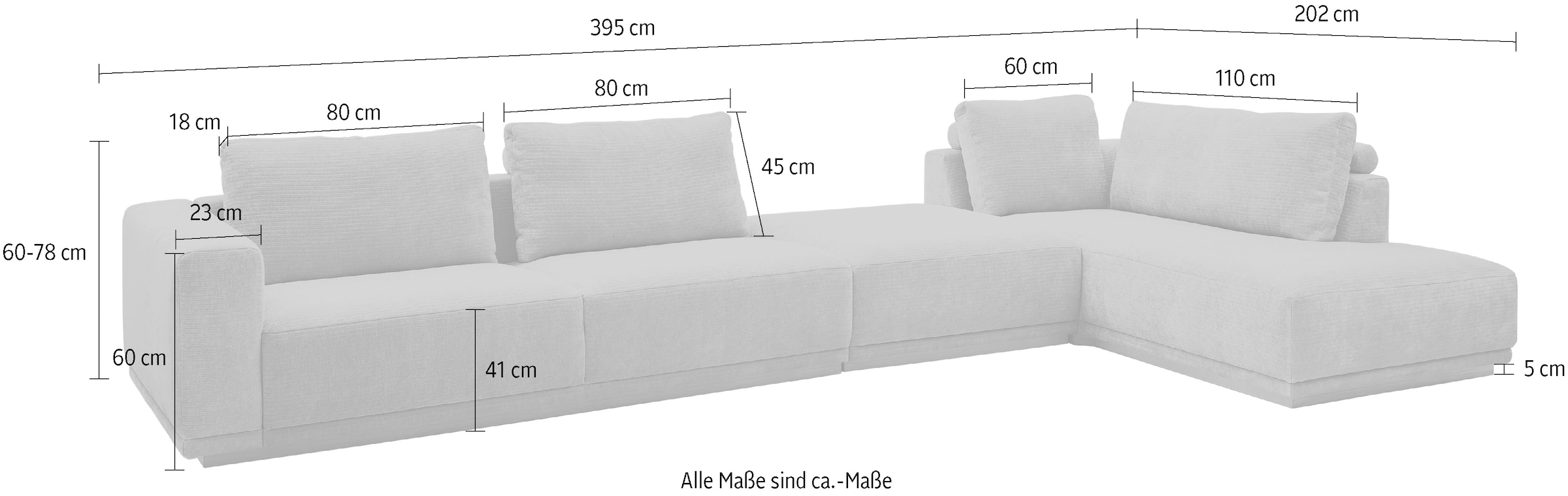 Musterring Wohnlandschaft Anreihsofa mit Armlehne links, Eckteil rechts mit Kissen & Hocker