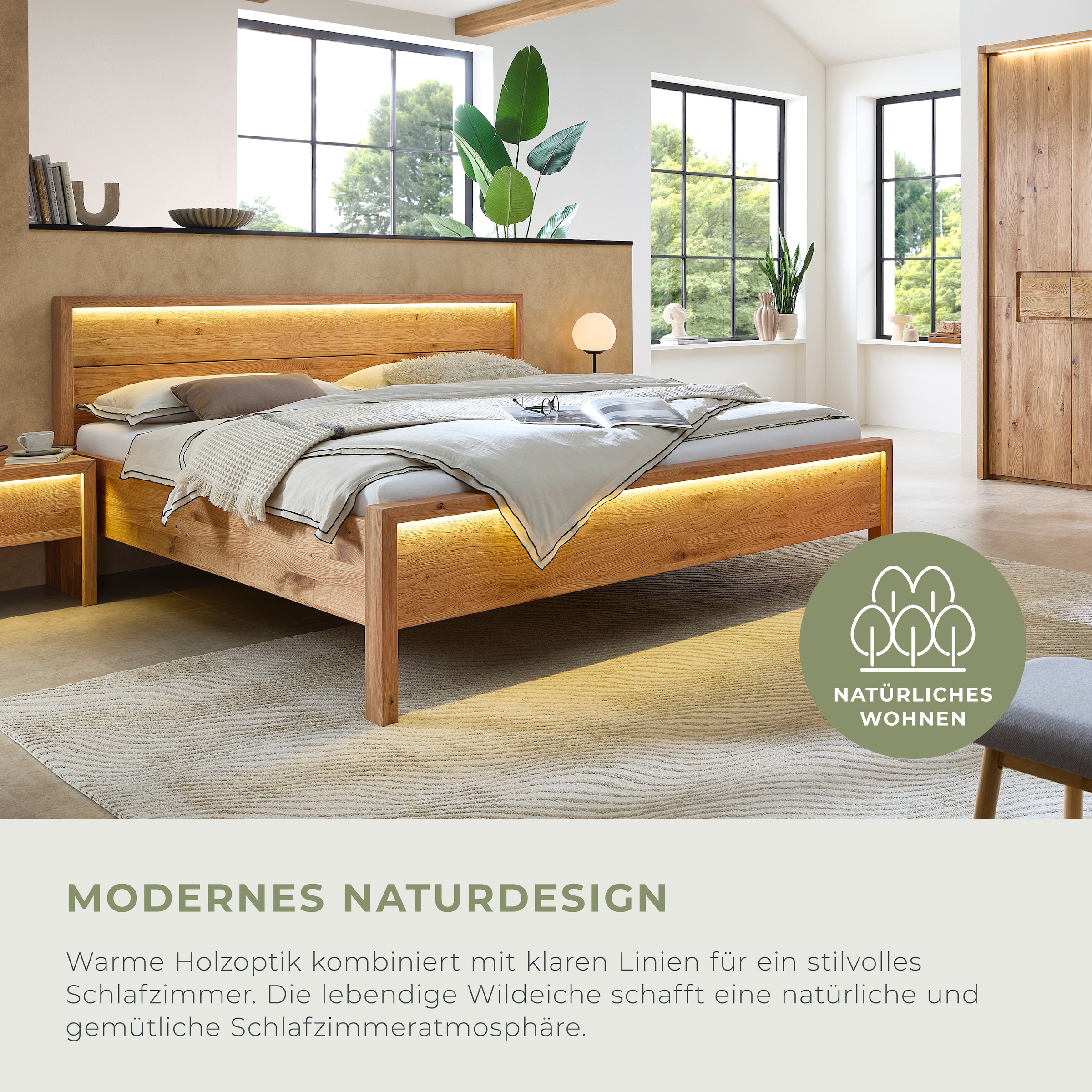 Home affaire Massivholzbett »Ambroise aus Wildeiche« inkl. LED-Beleuchtung, wahlweise auch in Überlänge erhältlich