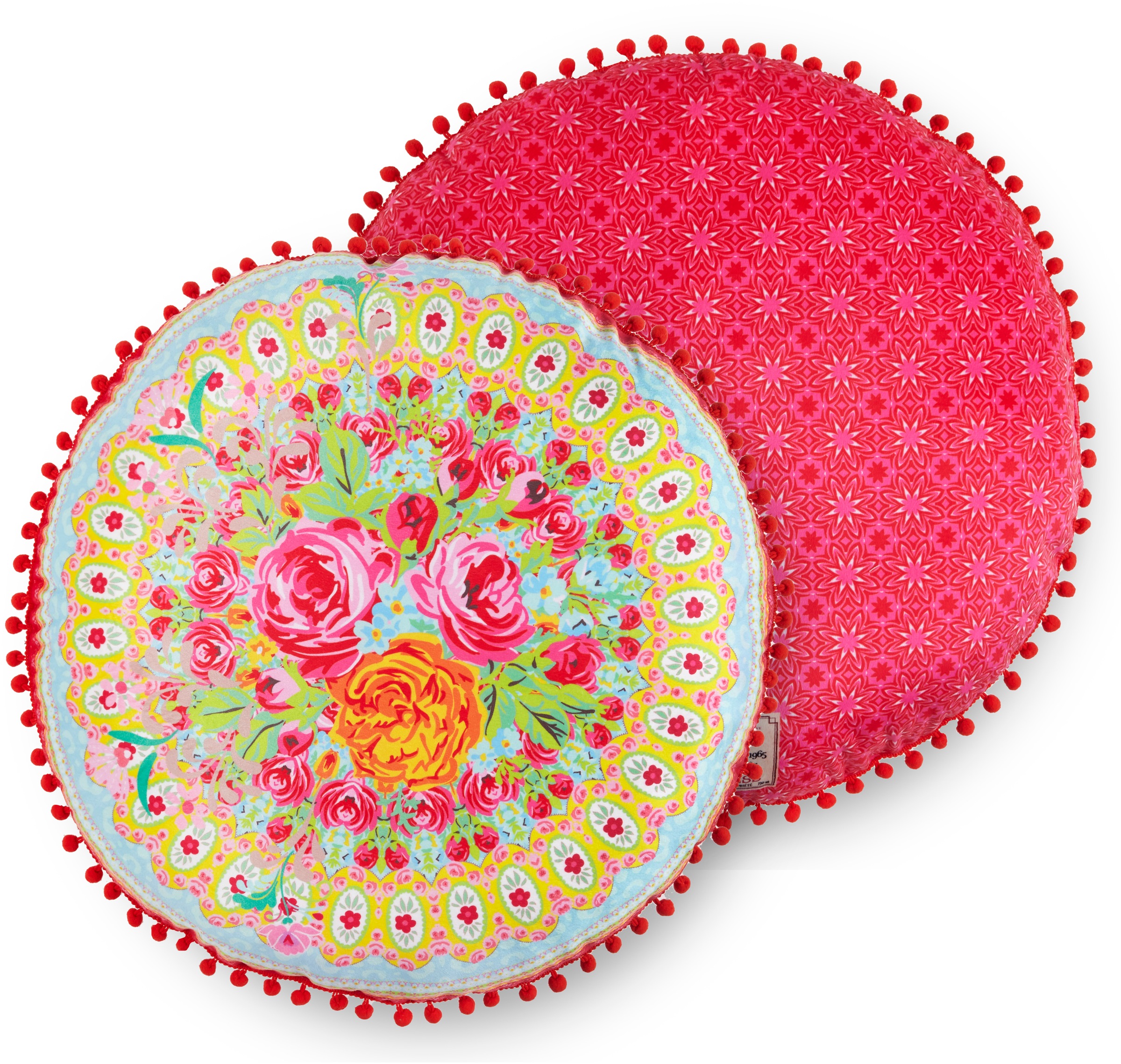 Happiness Dekokissen »Wildrose«, (1 St., 1 55 cm rund Dekokissen-mit Pompons), mit Pompons