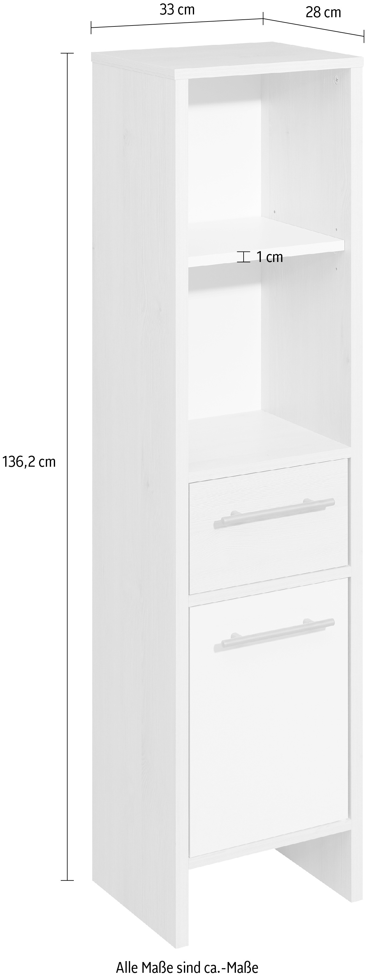 Saphir Midischrank »Quickset 350 Badschrank 33 cm breit, 1 Tür, 1 Schublade, 2 Regalfächer«, (1 St.), Badezimmer-Midischrank Pinie Ida hell, Griffe alufarbig
