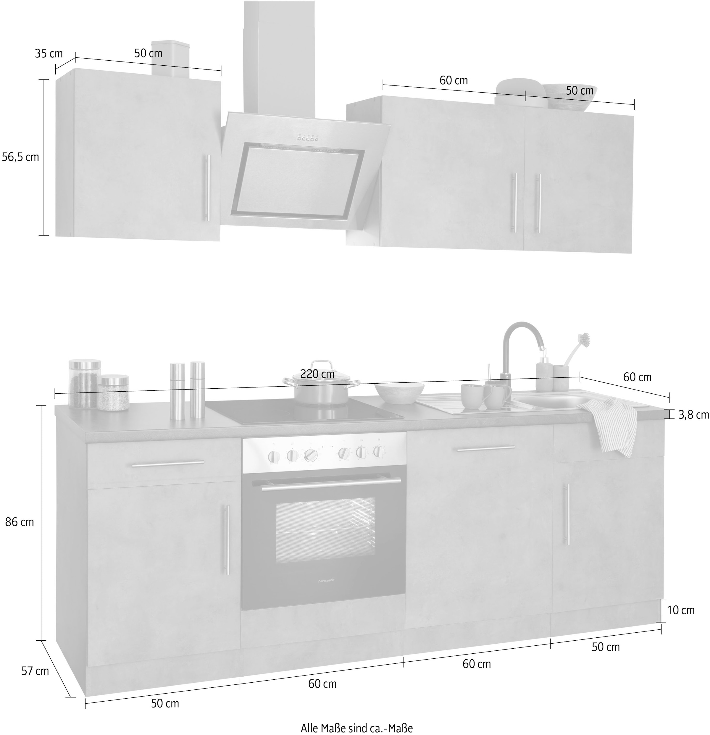 wiho Küchen Küchenzeile »Cali«, mit E-Geräten, Breite 220 cm mit Hanseatic E-Geräten