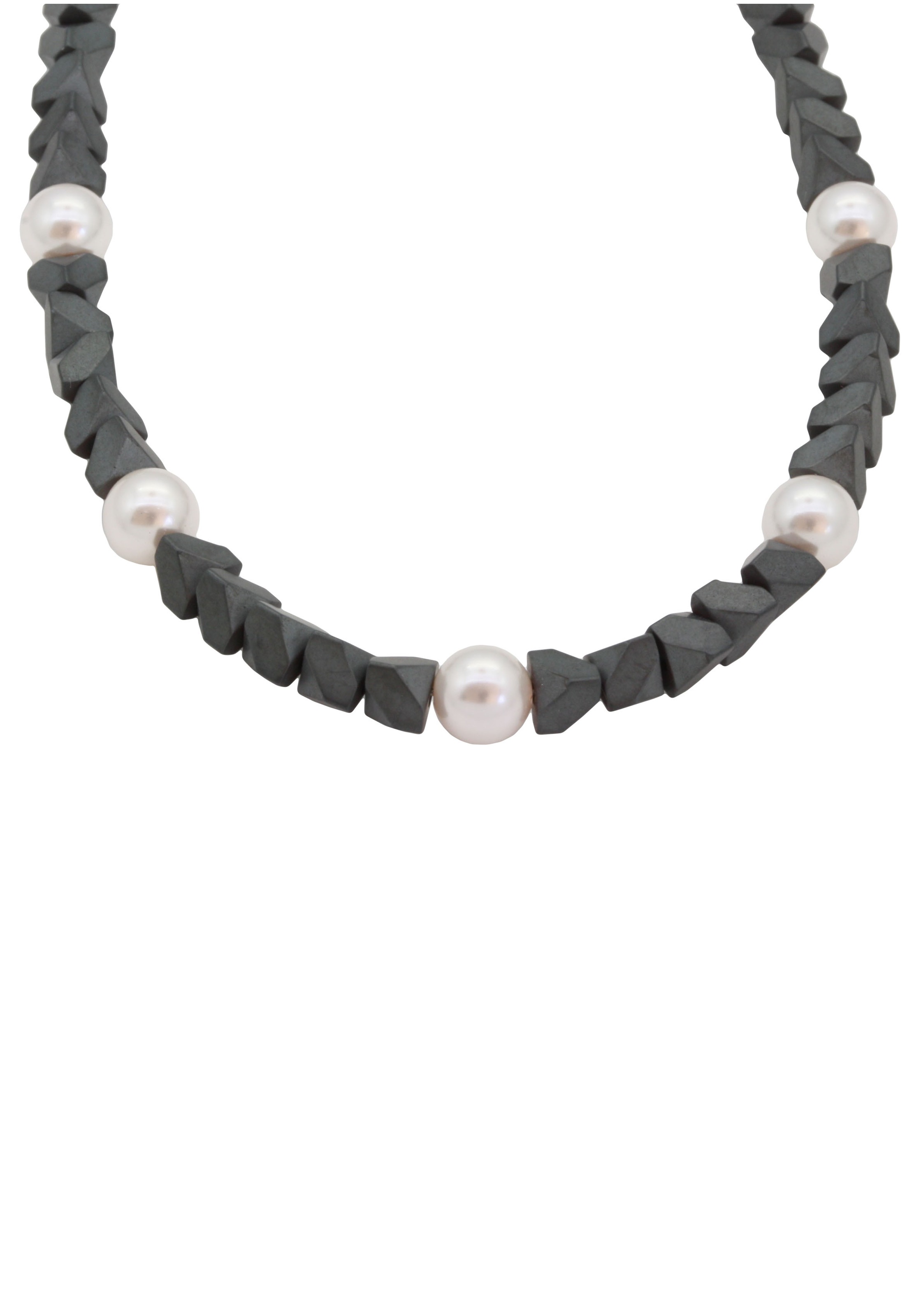 Firetti Collier »Optik matt und glänzend, Dreiecke«, mit Perlen (synth.) und Hämatit, Made in Germany