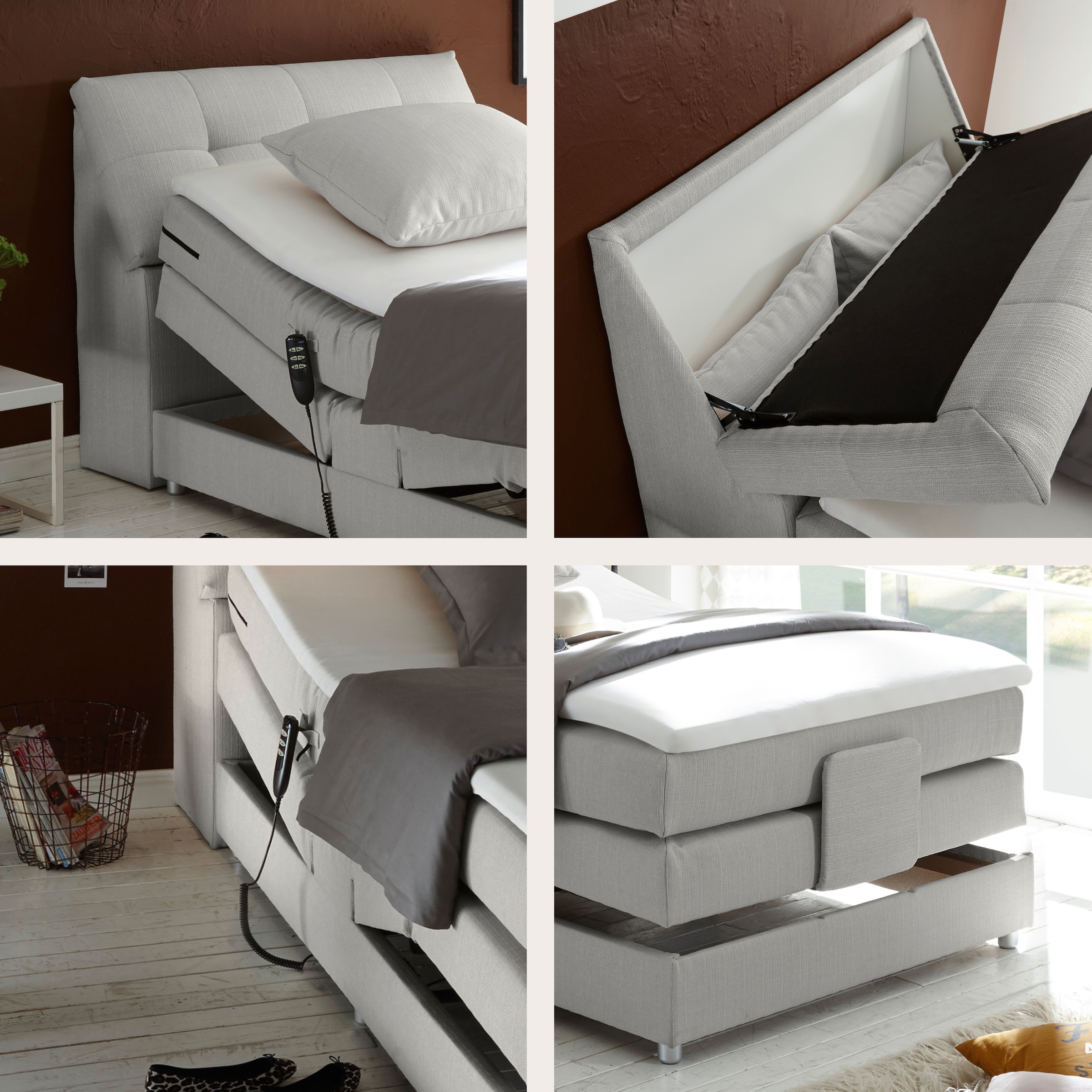 ED EXCITING DESIGN Boxspringbett »Carpino wahlweise in den Breiten 120cm oder 180cm erhältlich« inkl. Motor, Stauraum im Kopfteil und Topper