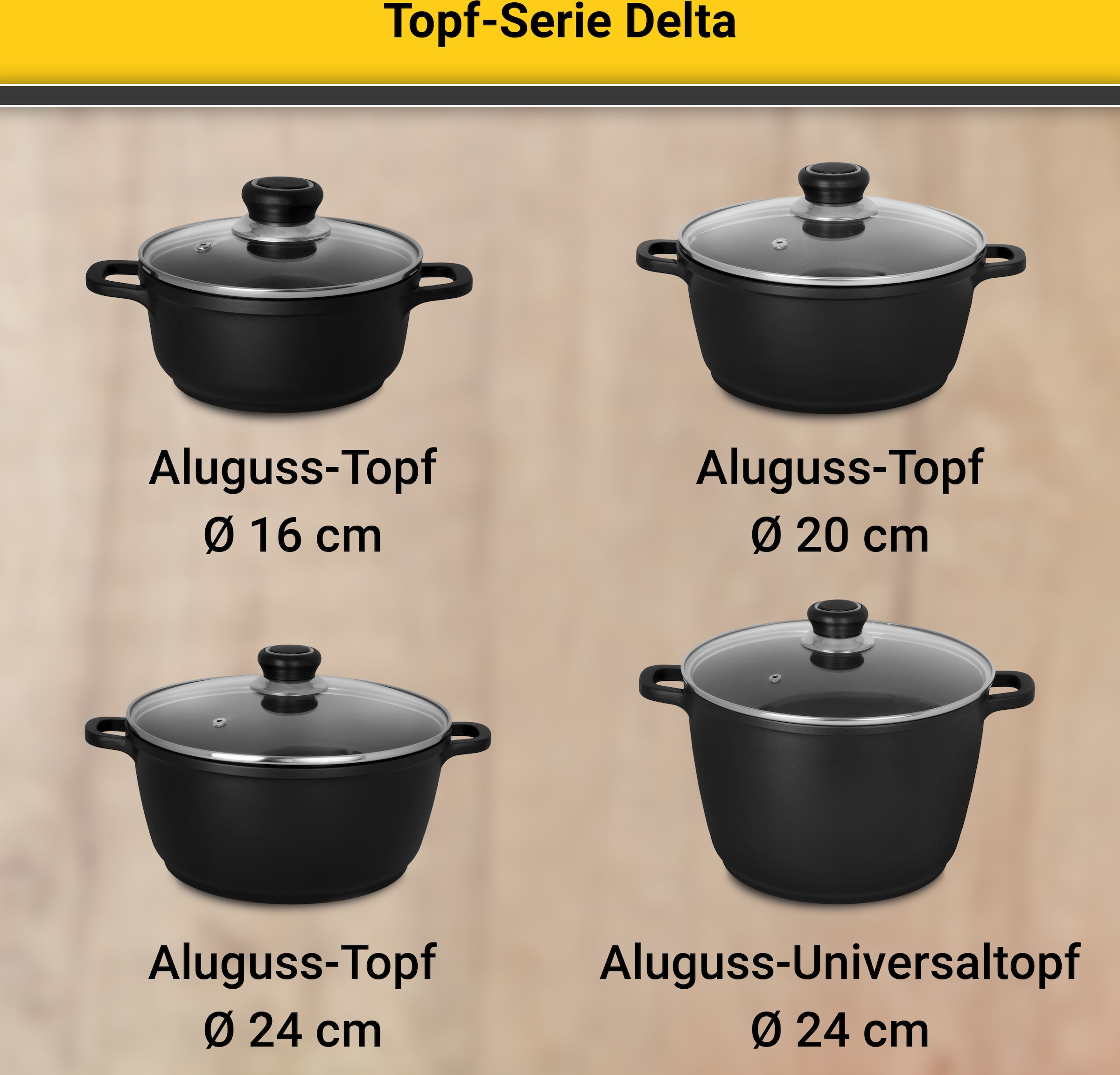 Krüger Kochtopf »Aluguss Universaltopf mit Glasdeckel DELTA, 24 cm«, Aluminiumguss, (1 tlg.), für Induktions-Kochfelder geeignet