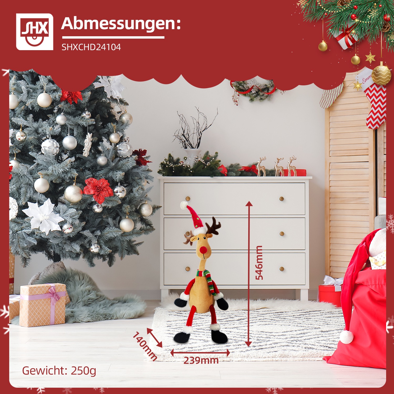 SHX Weihnachtsfigur »Singendes und schaukelndes Rentier«, Bewegung, lebhafte Musik, Schallsensor