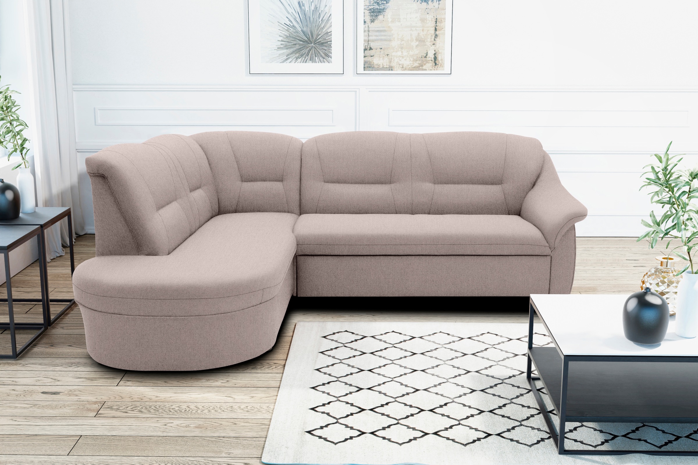 DOMO collection Ecksofa »Faenza für kleine Räume, Stellmaße 232,176cm, komfortabel, L-Form«, mit Ottomane, zeitlos, elegante Armlehnen, wahlweise mit Bettfunktion