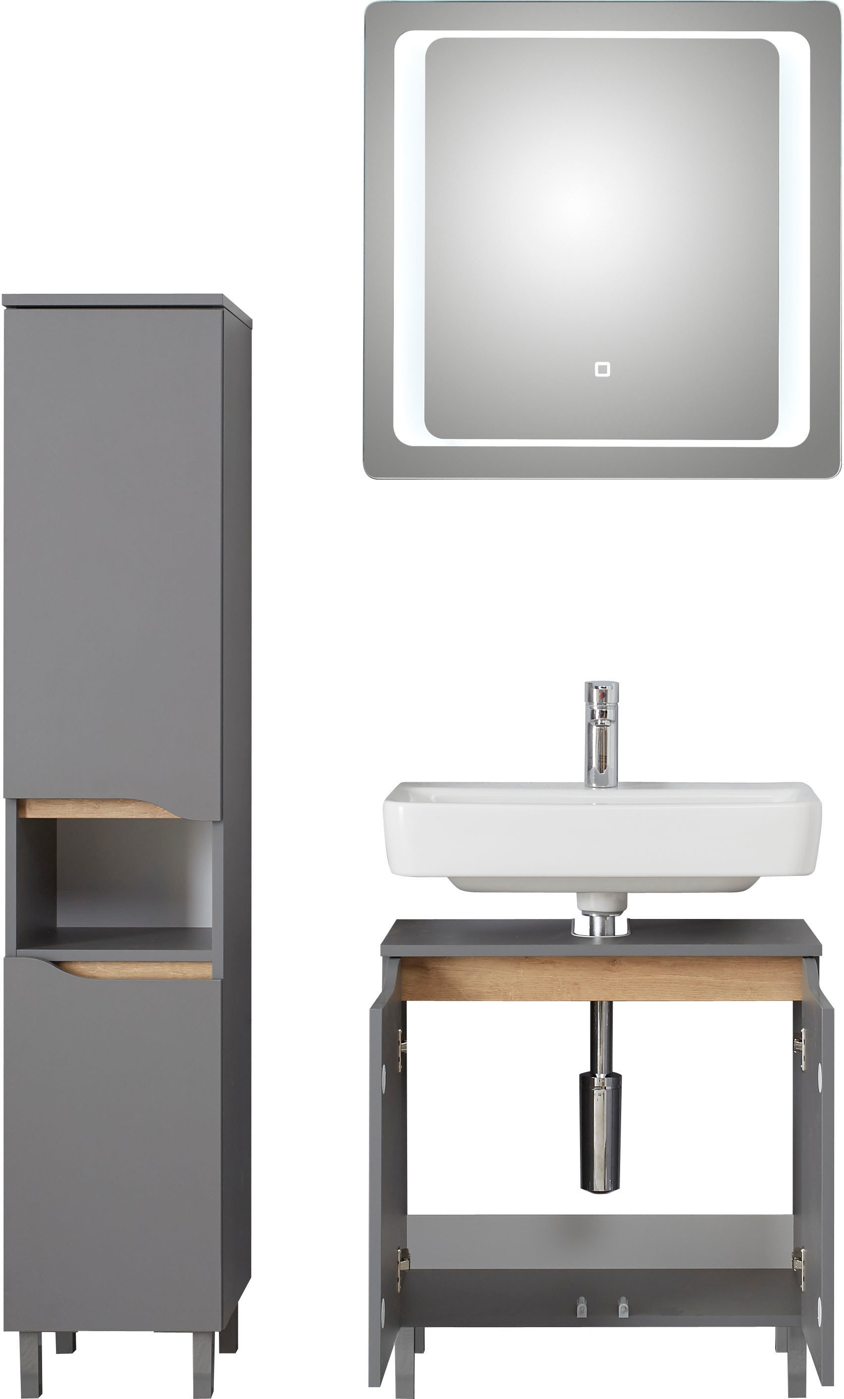 Saphir Badmöbel-Set »Quickset 3-teilig, Waschbeckenunterschrank mit LED-Spiegel« 3 Stk. tlg.