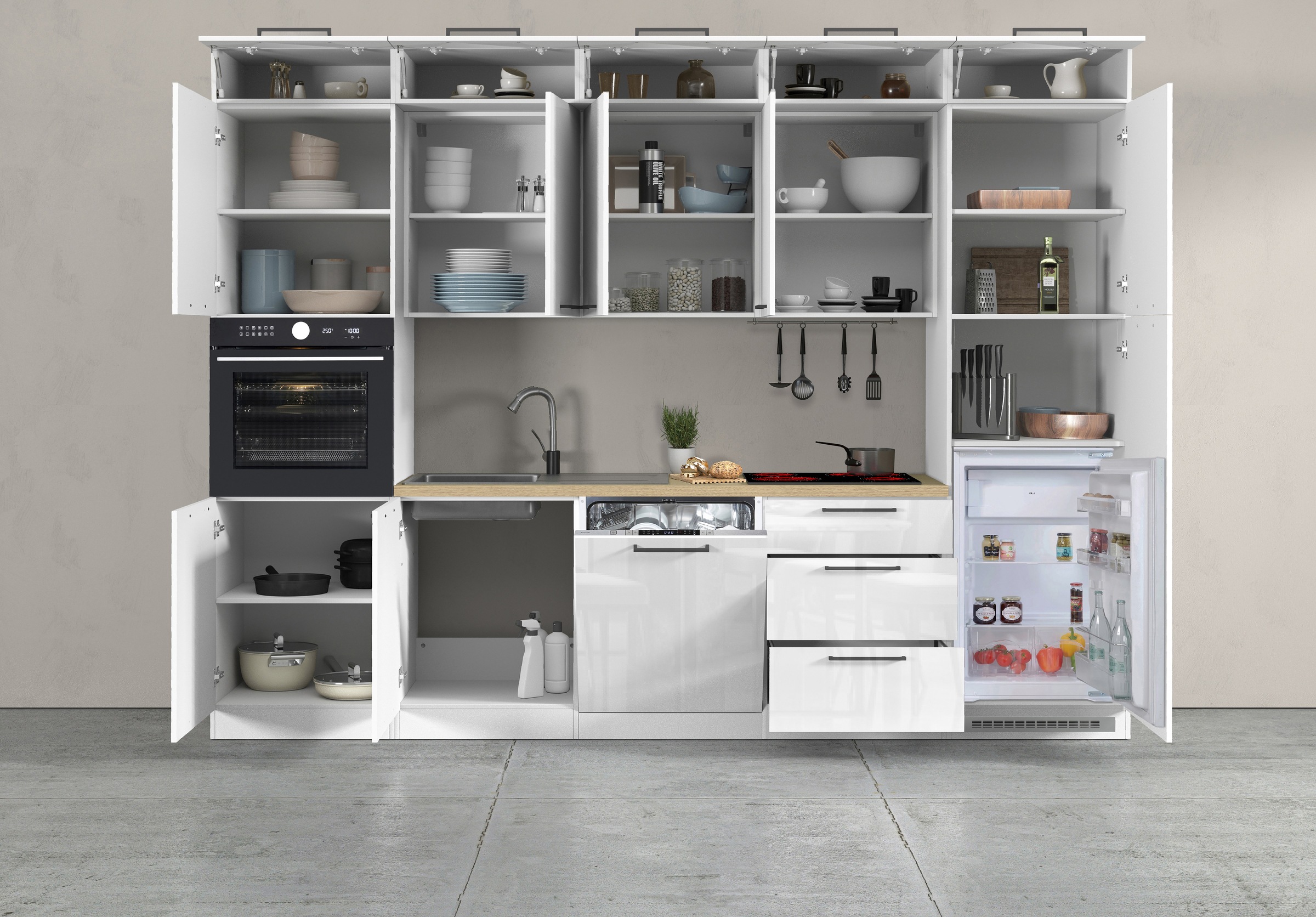 KOCHSTATION Küchenzeile »Luna, Einbauküche, Zeilenküche, mit Soft-Close Funktion, Made in Italy« Breite 300 cm ohne E-Geräte, mit Spüle+Siphon und Aufsatz