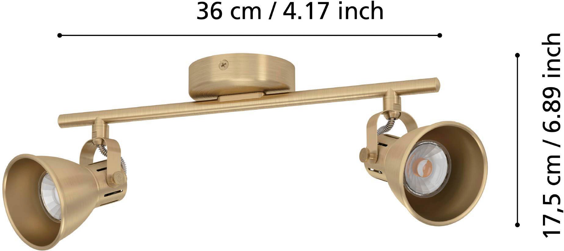 EGLO Deckenspot »SERAS Deckenstrahler, Stahl, GU10, IP20, Wohnzimmerlampe, Flurlampe«, Leuchtmittel GU10 | Leuchtmittel wechselbar-ohne Leuchtmittel, Spot, L37 x B6,5 cm, messing-gebürstet, gold, 2X2,8W inkl.