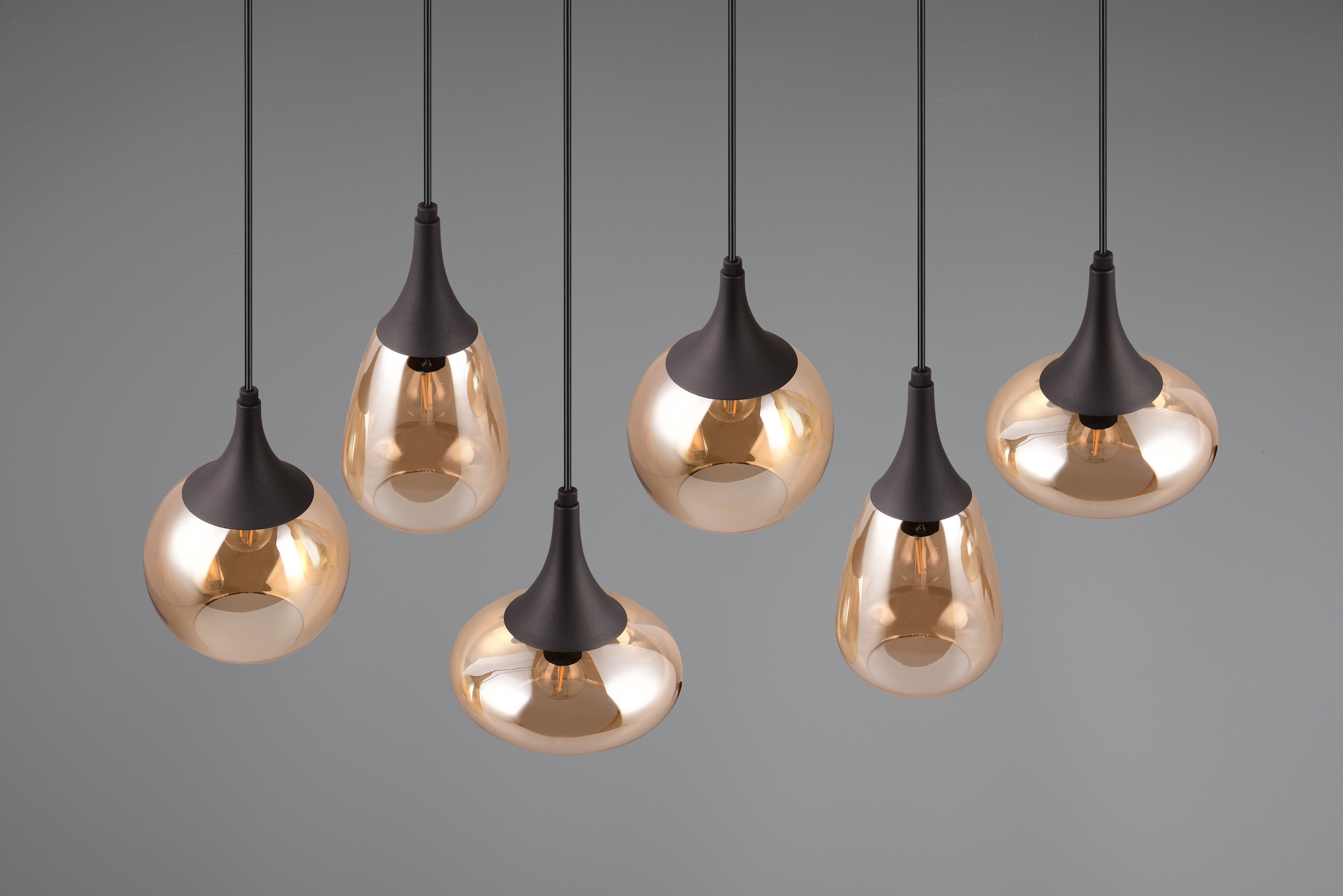 TRIO Leuchten Pendelleuchte »Lumina, E14 Hängelampe 6-flammig Glasschirme in 3 Formen amberfarbig« E14 1 Stk. warmweiß - kaltweiß exkl 6x E14 max 40W, Hängeleuchte höhenverstellbar bis max 150 cm