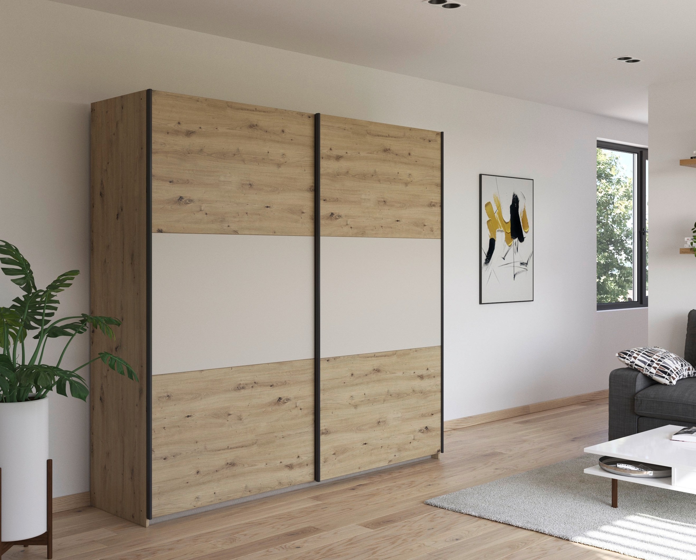 rauch Schwebetürenschrank »Kleiderschrank Schrank Garderobe Garderobenschrank Wäscheschrank NEO«, (in 3 verschiedenen Ausstattungen BASIC/CLASSIC/PREMIUM), mit großzügigem Stauraum und vielfältigen Farbkombinationen