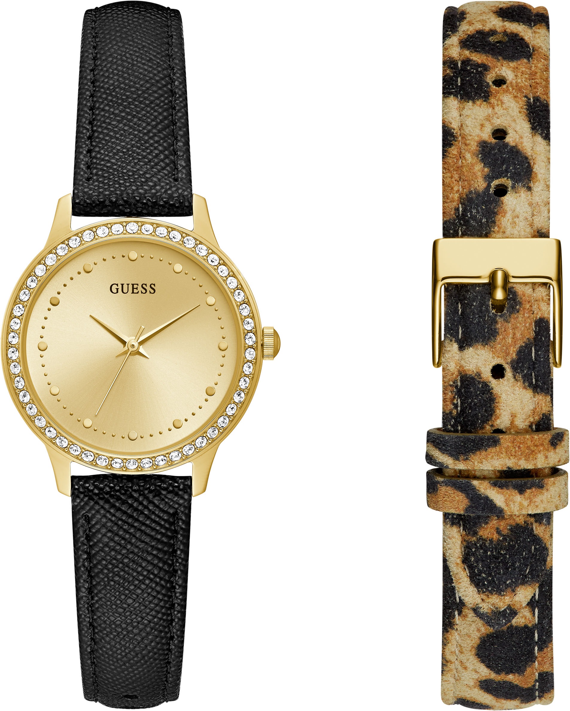 Guess Quarzuhr »CHELSEA,GW0344L1«, (2 tlg., mit einem Wechselband im Leo-Look)