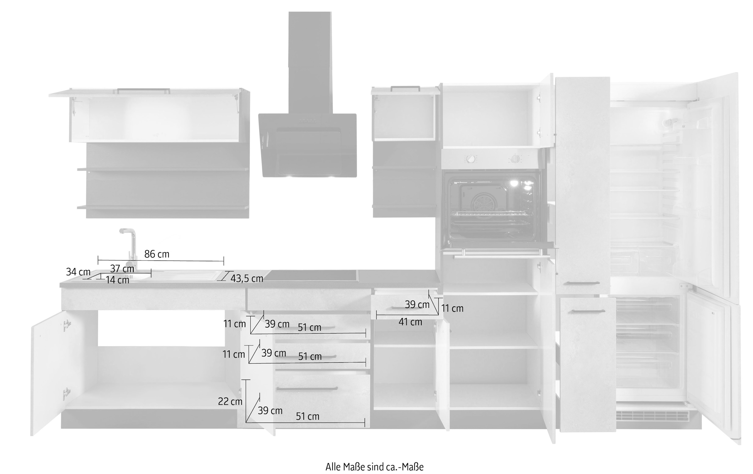 KOCHSTATION Küchenzeile »KS-Tulsa«, ohne E-Geräte, Breite 360 cm, schwarze Metallgriffe, MDF Fronten
