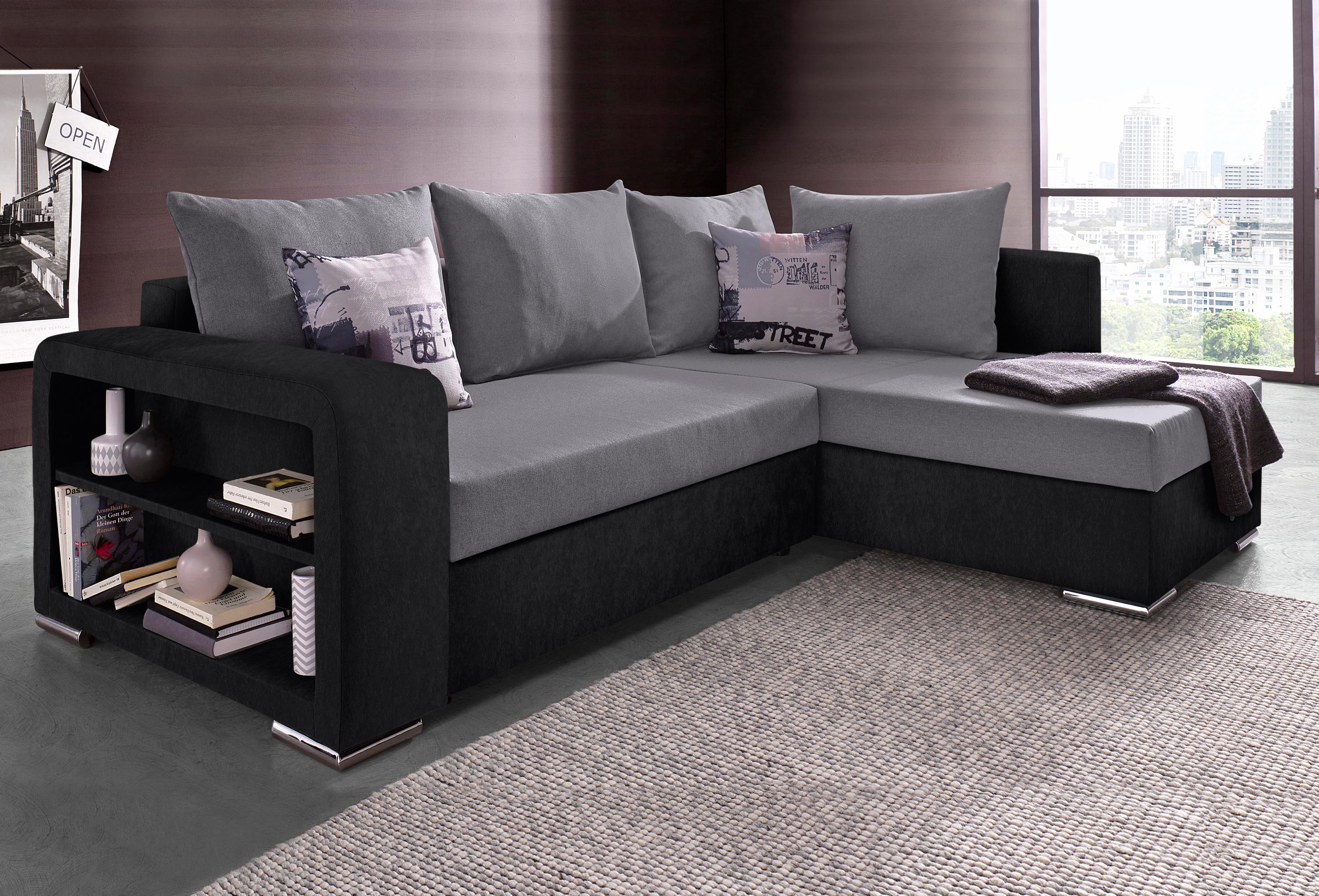 COLLECTION AB Ecksofa "John L-Form, B: 226 cm" Schlaffunktion, Bettkasten, Regalelement & 2 Zierkissen, Federkern