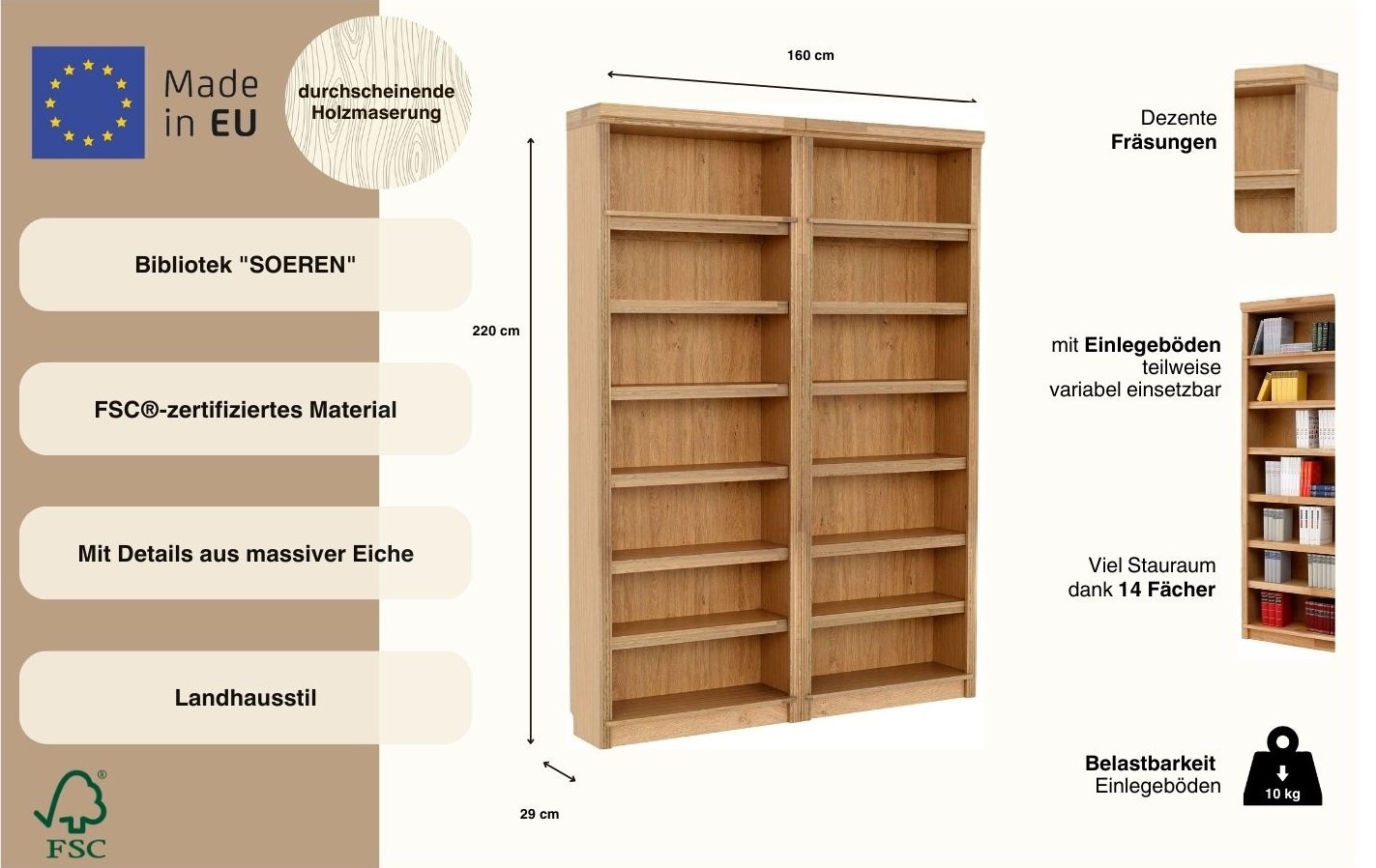 Home affaire Bibliothek »Soeren Eiche Regal 2x Breite 80 cm« Set, 2, 2 Stk. tlg. teilmassive Eiche, FSC®-zertifiziert, Tiefe/Höhe: 29/220 cm