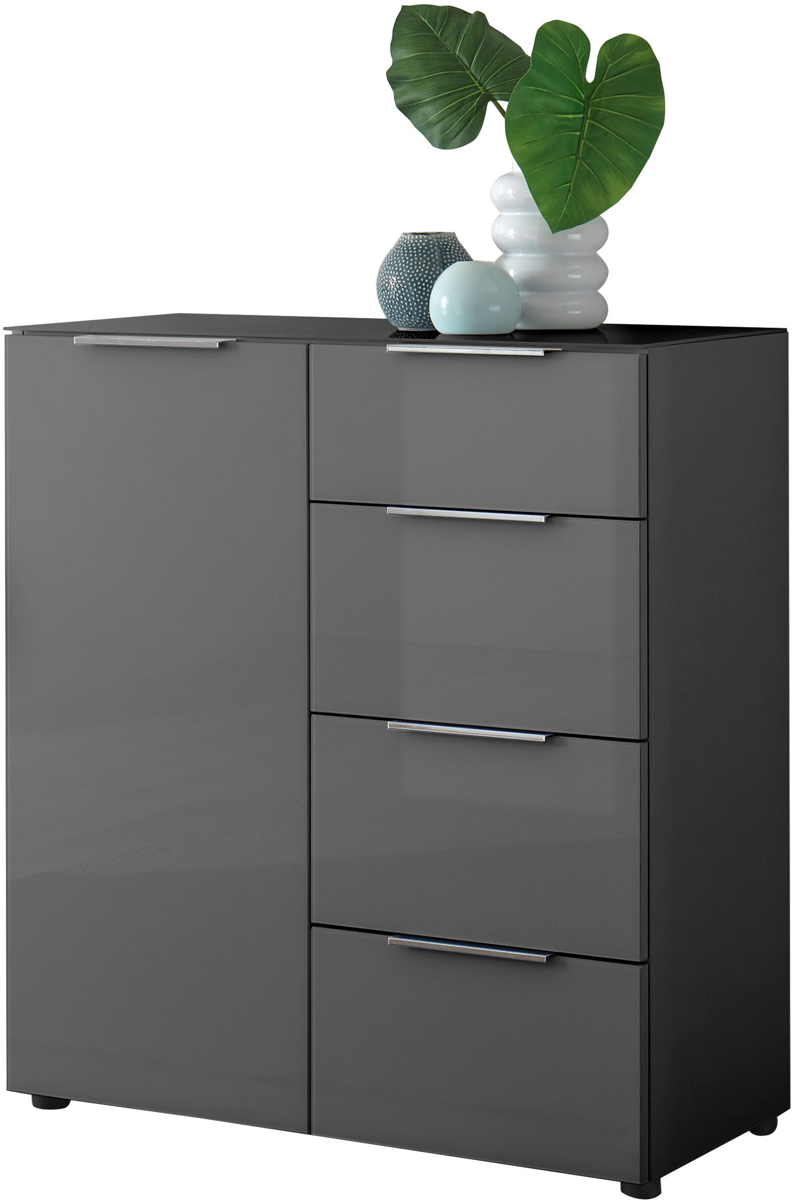 HBZ Sideboard »Santorin Mehrzweckschrank-Universalschrank, BxHxT 90x99x40 cm« 1 Stk. tlg. Mit 1 Tür und 4 Schubkästen mit Softclose, Glasfront und Glasoberboden