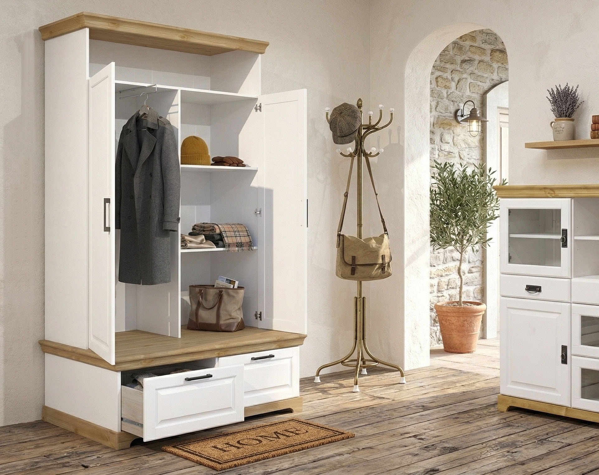 OTTO home Wäscheschrank »Rügen XXL– Landhaus-Charme mit maximalem Stauraum, zeitlos schön« B/H/T ca. 127/216/70 cm,  Integrierte Sitzbank + Schubladen: Stauraum für Schlafzimmer+Diele