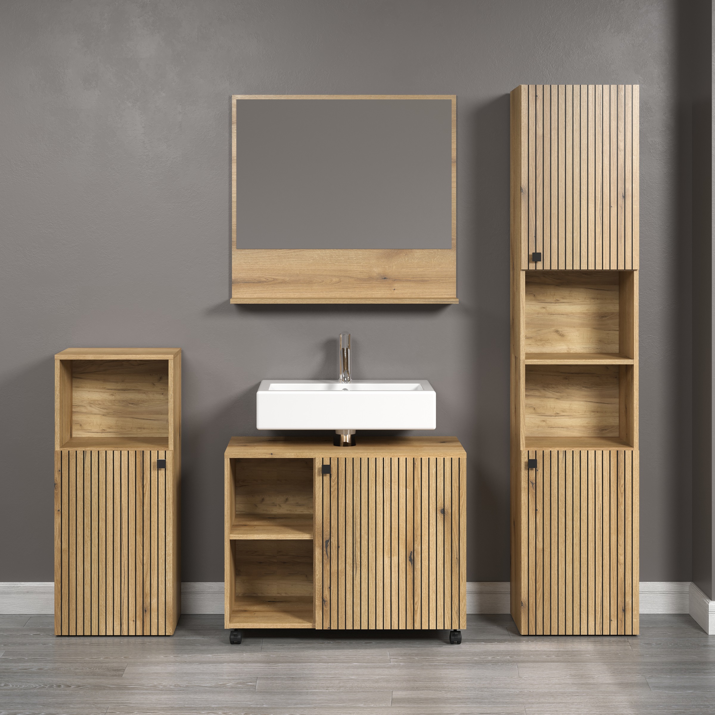 welltime Badmöbel-Set »Amrum«, (Komplett-Set, 4 St.), Badezimmermöbel mit Rillenoptik - Waschbeckenunterschrank auf Rollen