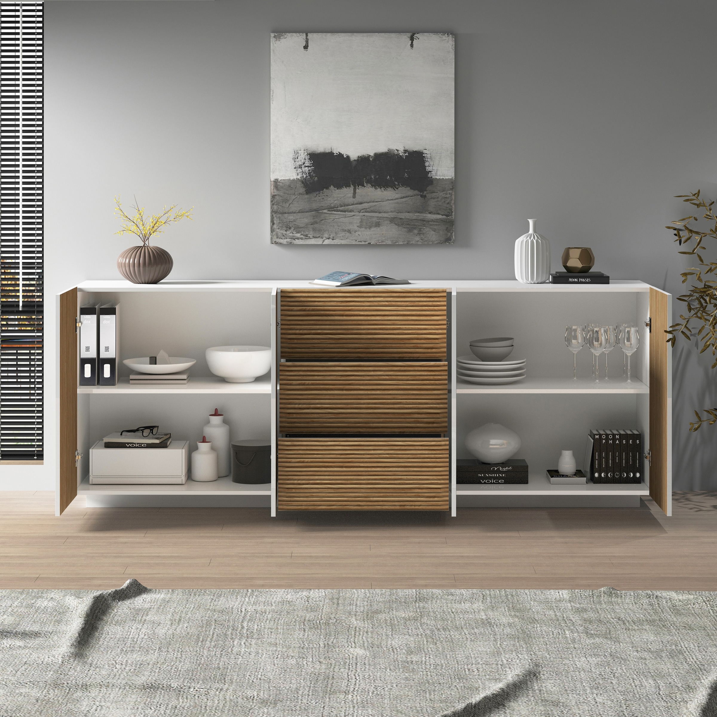 INOSIGN Sideboard »Vega Sideboard,Kommode,220 cm« mit 4 Türen und 3 Schubladen,Fronten mit Rillen-Optik