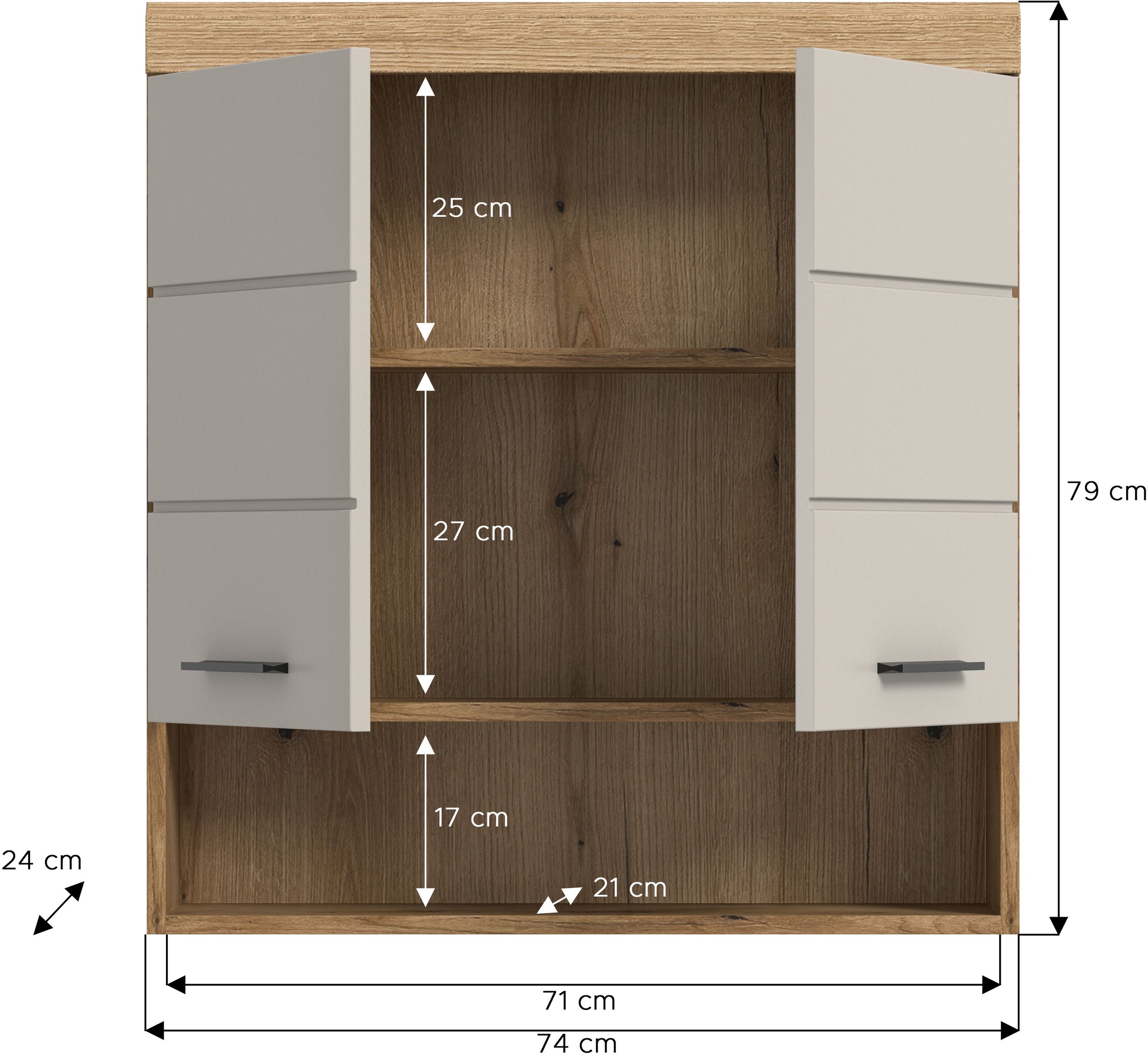 welltime Hängeschrank »SIENA, Breite 74cm, 2 Türen, 1 offenes Fächer, MDF-Front« TOPSELLER!,  in verschiedenen Farben erhältlich, Badmöbel, Badschrank, Schrank, Bad