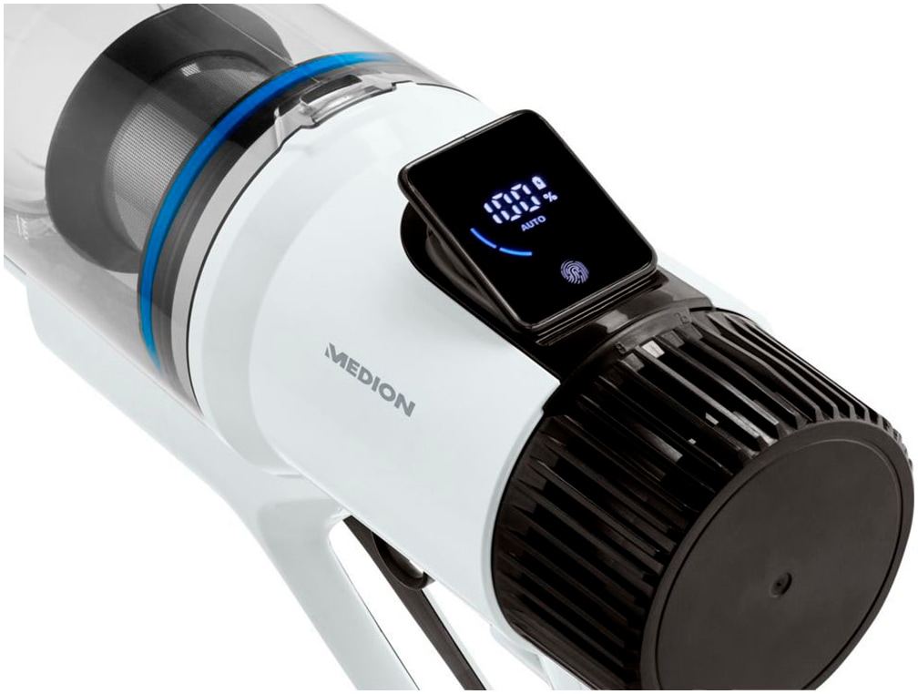 Medion® Akku-Stielstaubsauger »P400 W (MD 12051), beutellose Zyklon-Technologie, 26 kPa Saugleistung«, LED-Touch-Display, Staubsensor, integriertes Zubehör und Ladestation