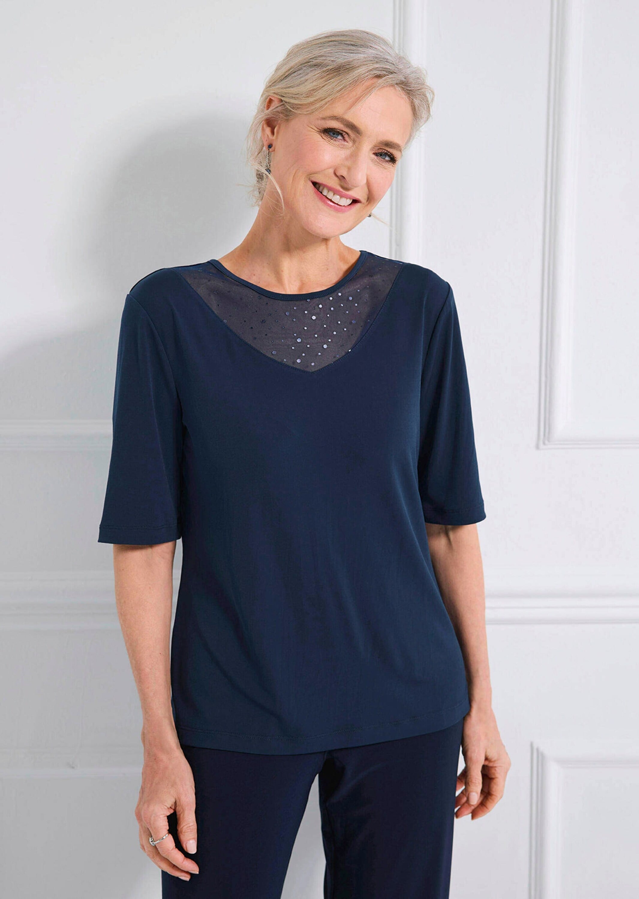 GOLDNER Kurzarmshirt »Elegantes Halbarmoberteil mit Mesh« glänzende Optik