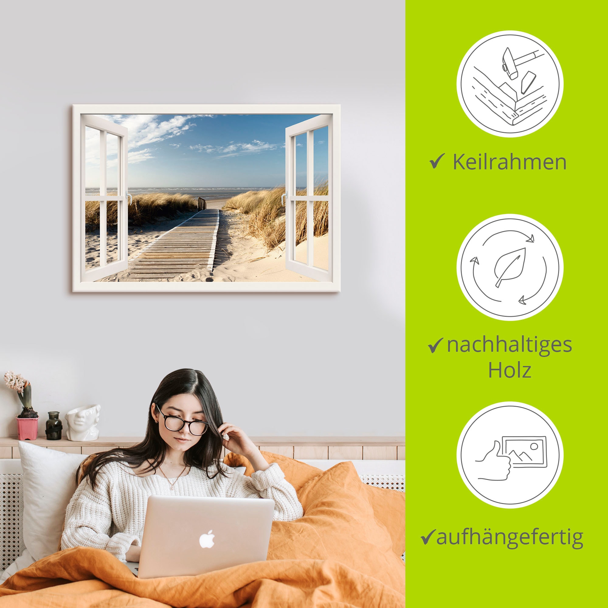 Artland Wandbild »Fensterblick Nordseestrand auf Langeoog«, Fensterblick, (1 St.), als Leinwandbild, Poster, Wandaufkleber in verschied. Größen