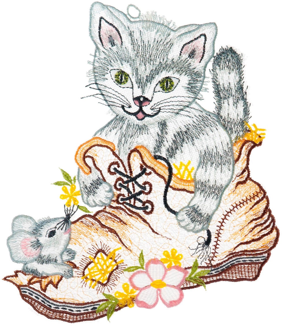W. Reuter & Sohn - Plauener Spitze® Fensterbild »Fensterbild Katze im Schuh farbig«