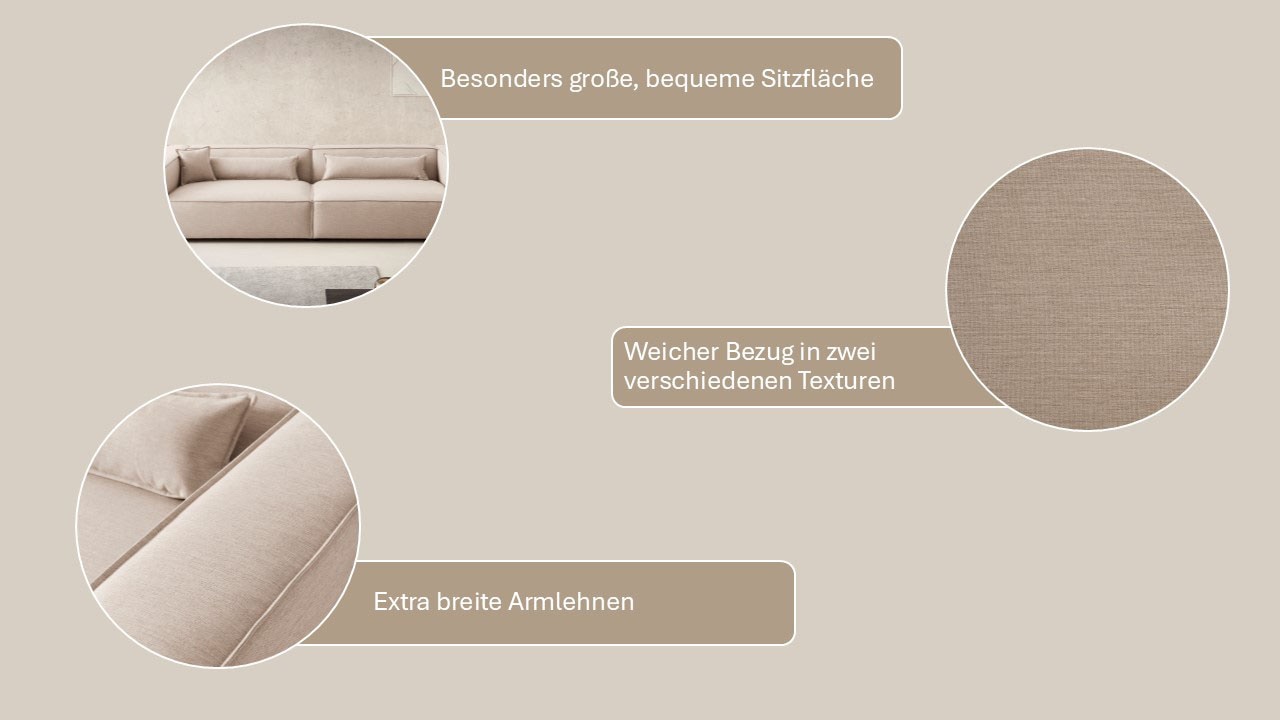 LeGer Home by Lena Gercke 3-Sitzer »PIARA, XXL Sofa mit Kedernaht, Big-Sofa in Cord oder Leinenoptik«, schwarze Füße, bequemer Sitzkomfort, extra tiefe Sitzfläche