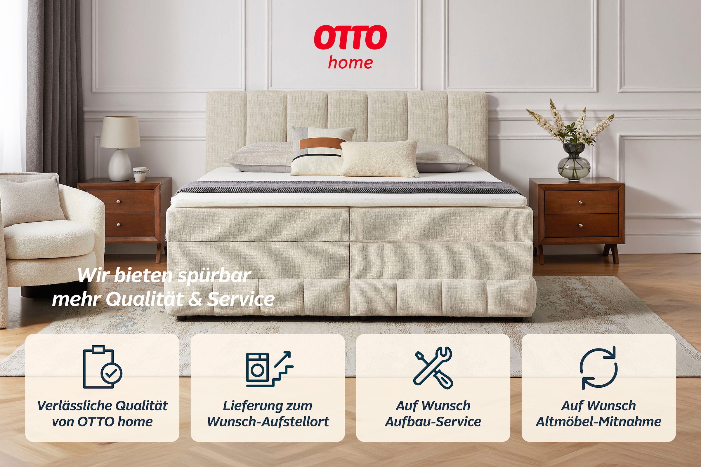 OTTO home Boxbett »LIKELY, Polsterbett mit Bettkasten, inkl. Taschenfederkernmatratze H3« mit Kaltschaumtopper, Strukturstoff-Bezug, 140x200 & 180x200 cm