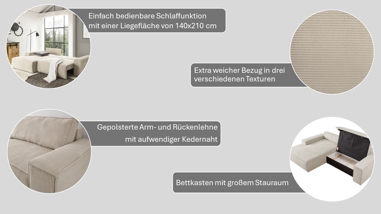 Home affaire Ecksofa »SHERWOOD L-Form, 267 cm - OTTO. Verlässliche Qualität.« Schlaffunktion mit Bettkasten (210x136 cm), Cord, Vintage, Samtvelours