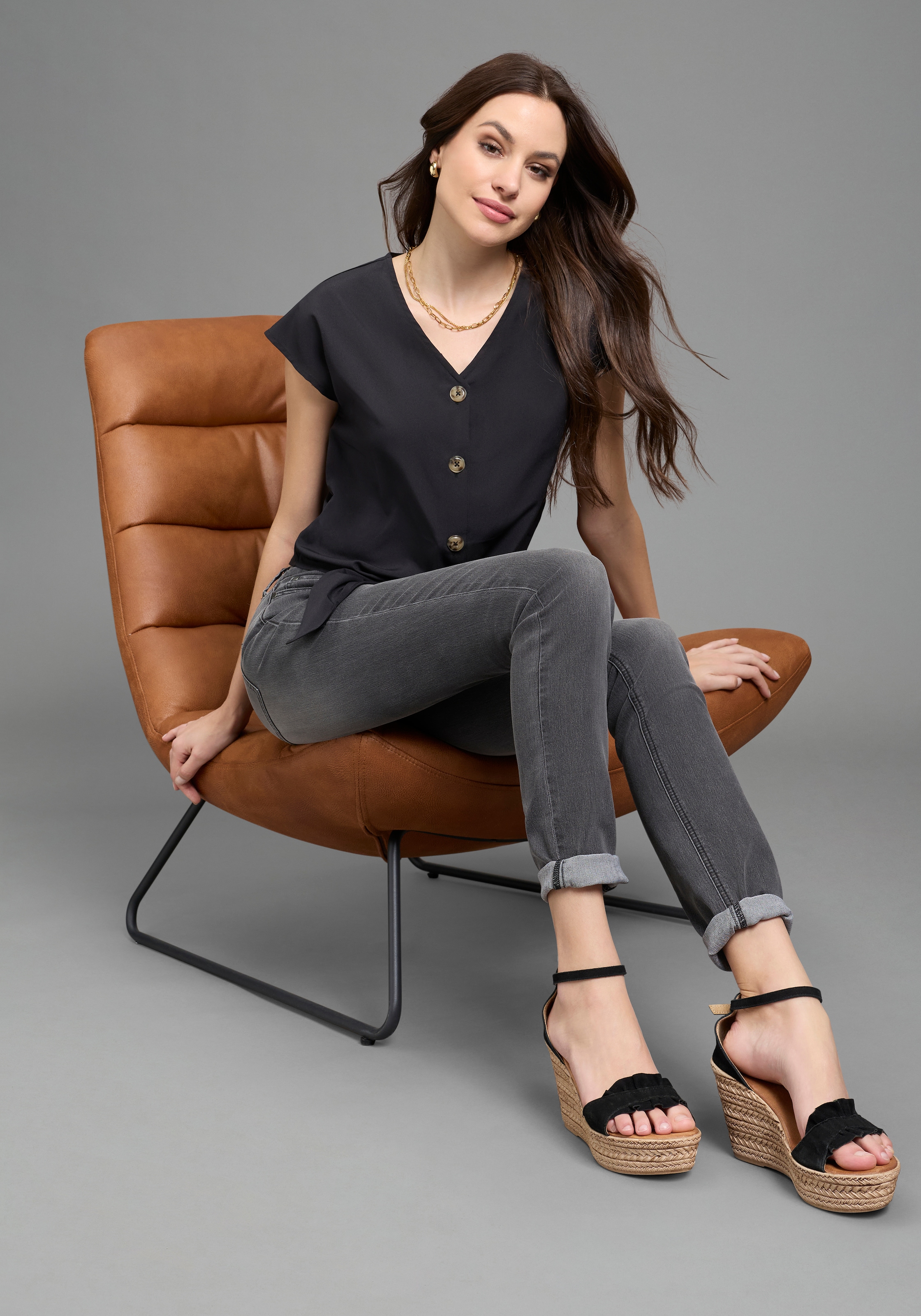 Laura Scott Kurzarmbluse femininer Stil, mit Knöpfen, aus Polyester, bedruckt