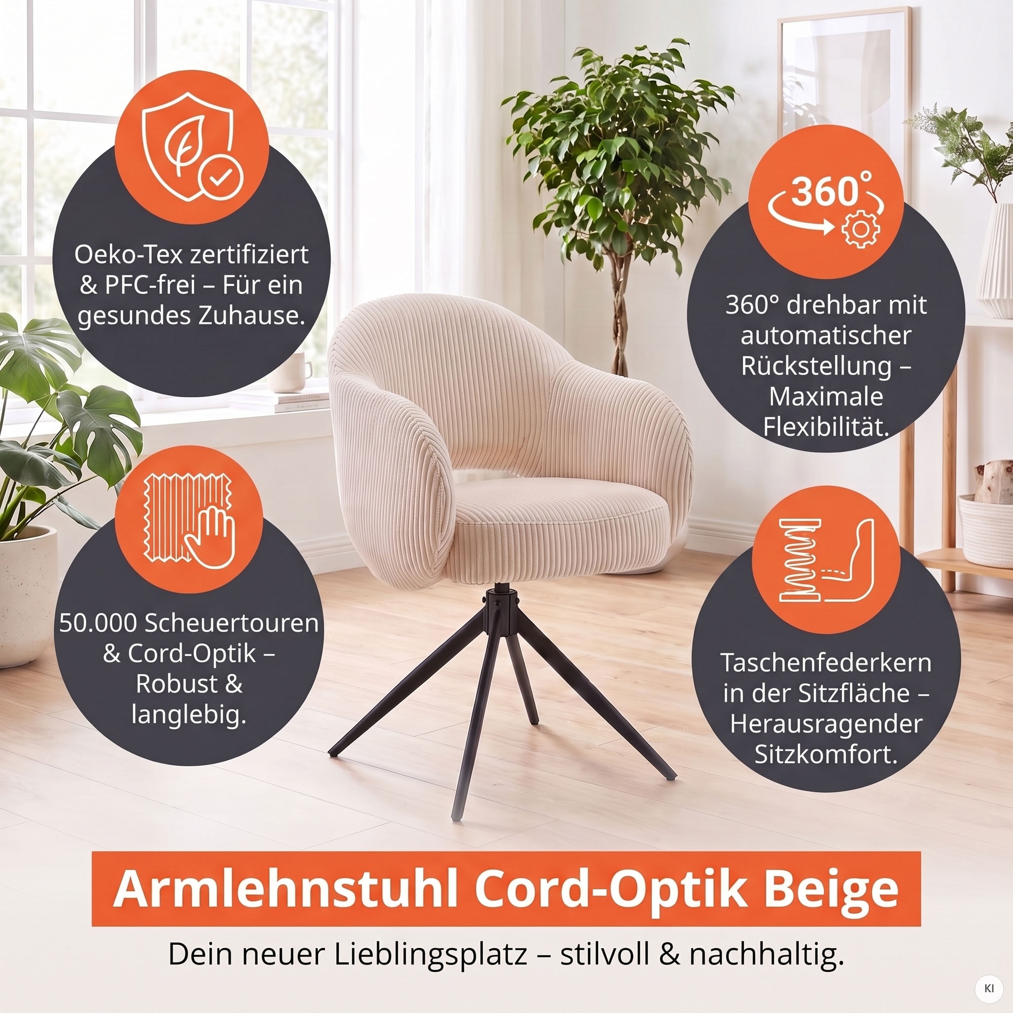 SalesFever Armlehnstuhl »Manchester Cord-Bezug« () 1 Stk.Esszimmerstuhl mit 360° Drehfunktion und Taschenfederkern