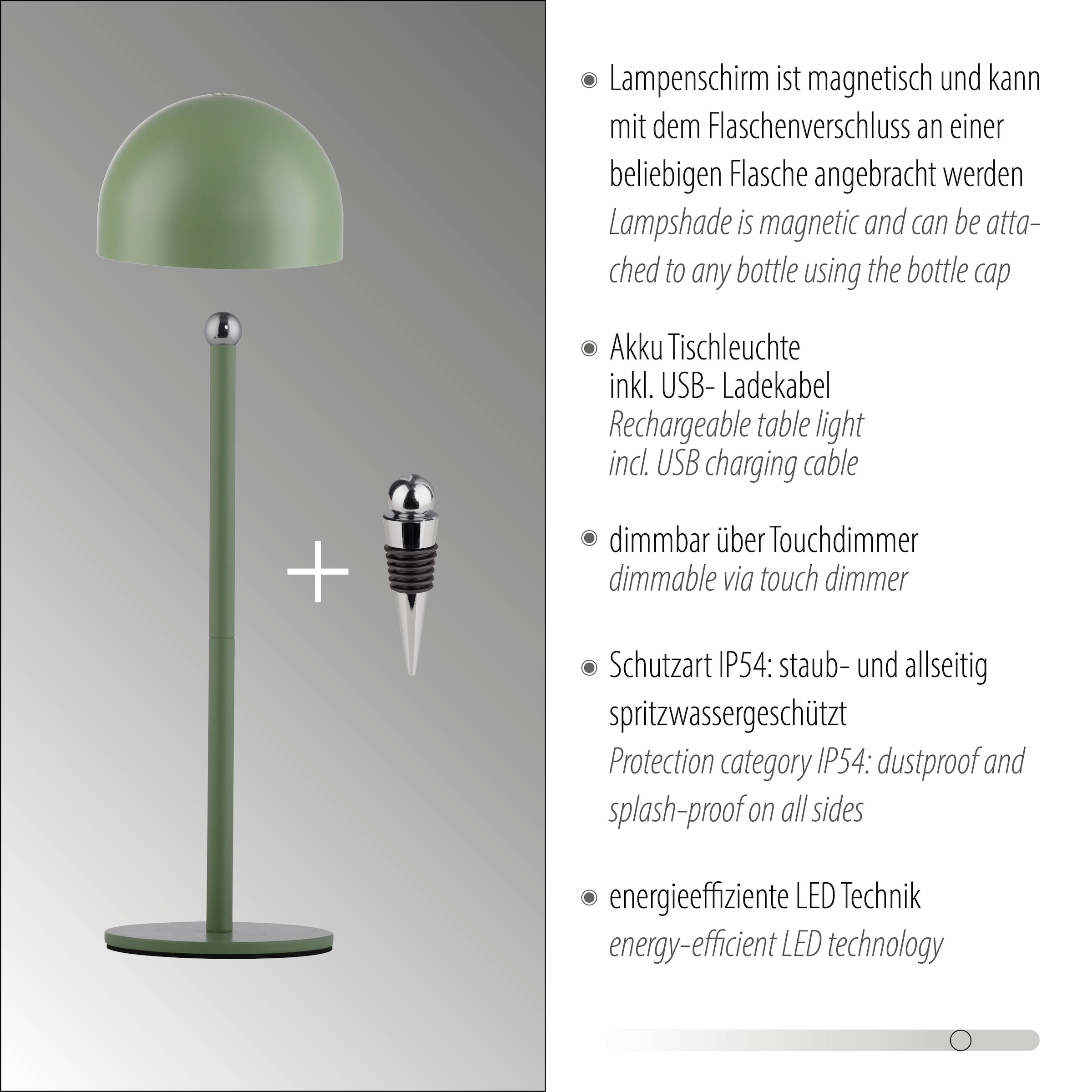OTTO home Tischleuchte »Akku Tischlampe Garrin Indoor Outdoor, magnetischer Flaschenaufsatz« LED-Board Warmweiß Pilzlampe Flaschenaufsatz, Regulierung der Lichtstärke, Pilz, Lampe