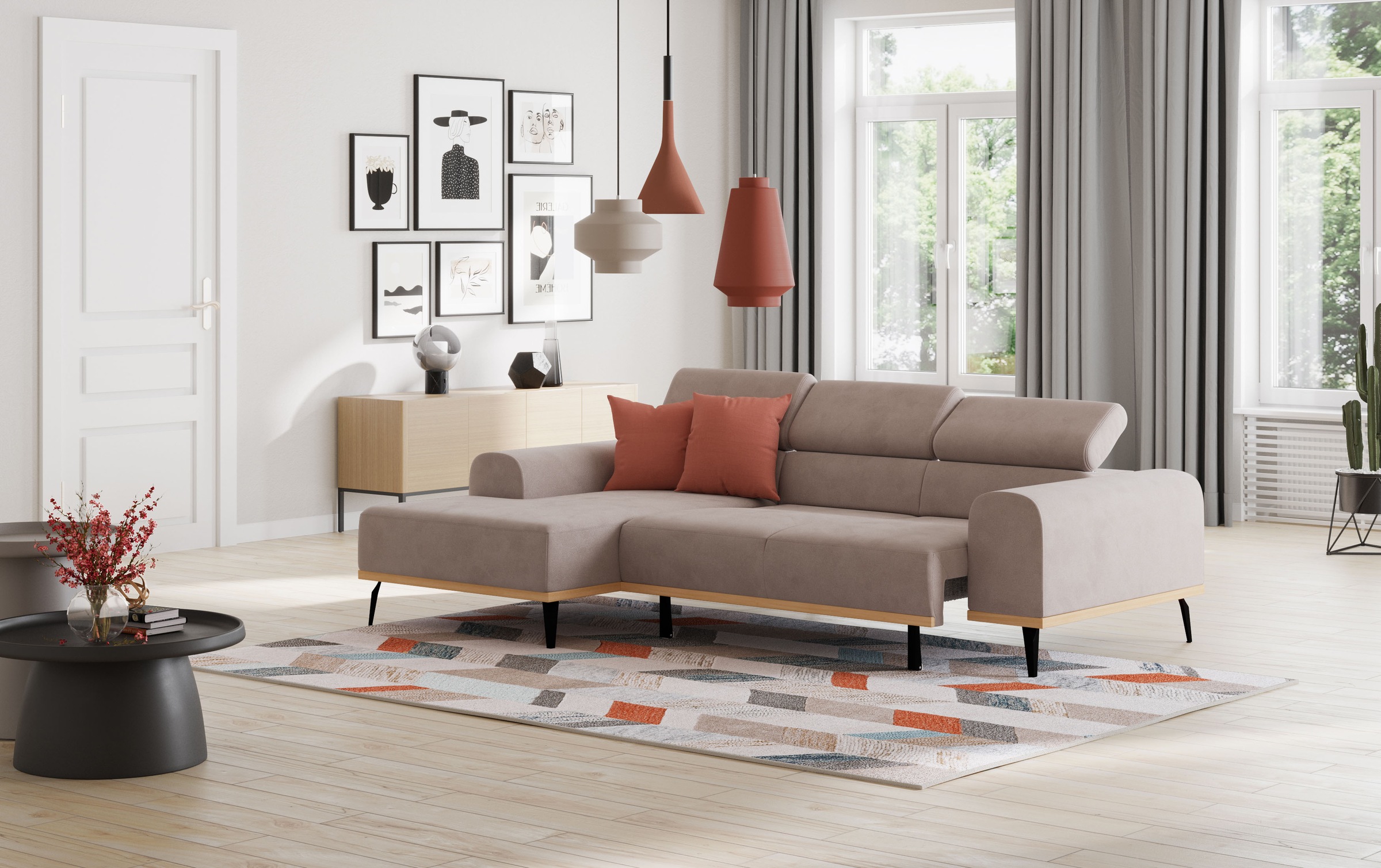 Places of Style Ecksofa »Carlo L-Form«, mit Kopfteilverstellung & Holz-Rahmenoptik, optional Relaxfunktion