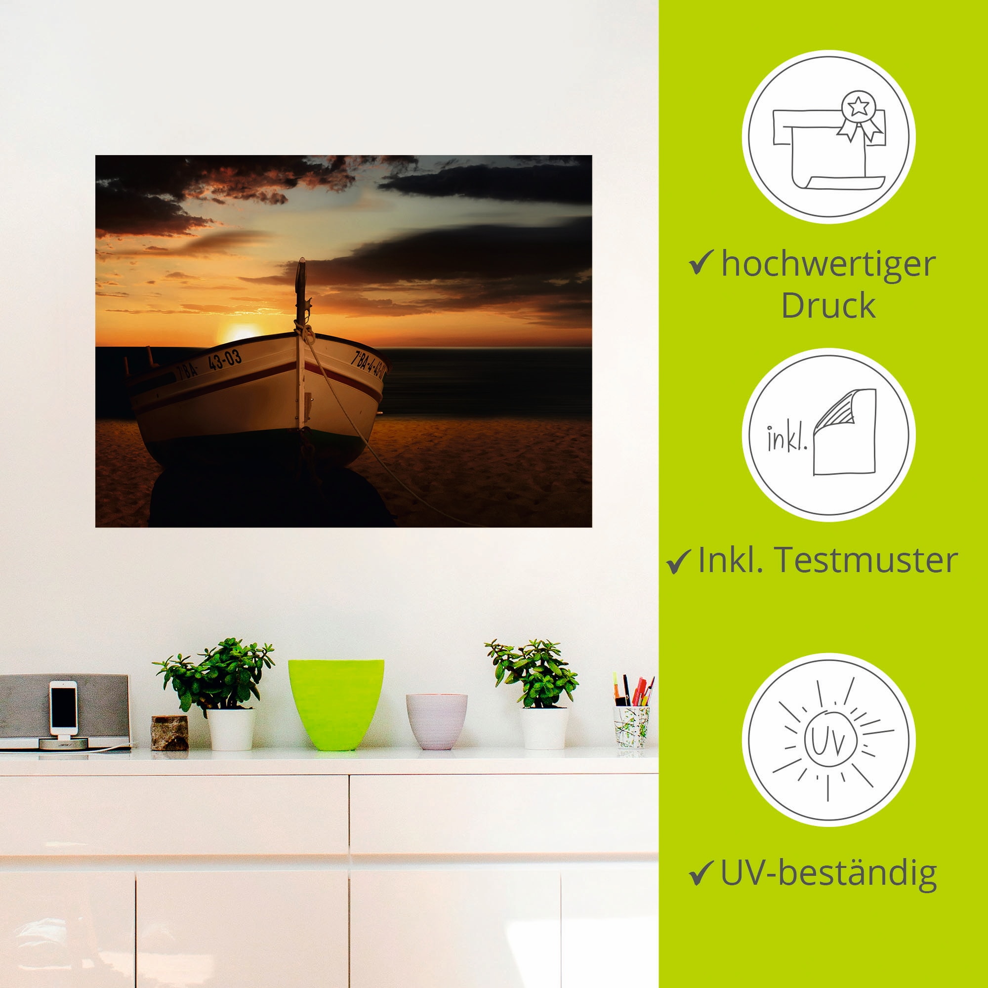 Artland Wandbild »Das Boot im Sonnenuntergang«, Küste, (1 St.), als Leinwandbild, Wandaufkleber in verschied. Größen