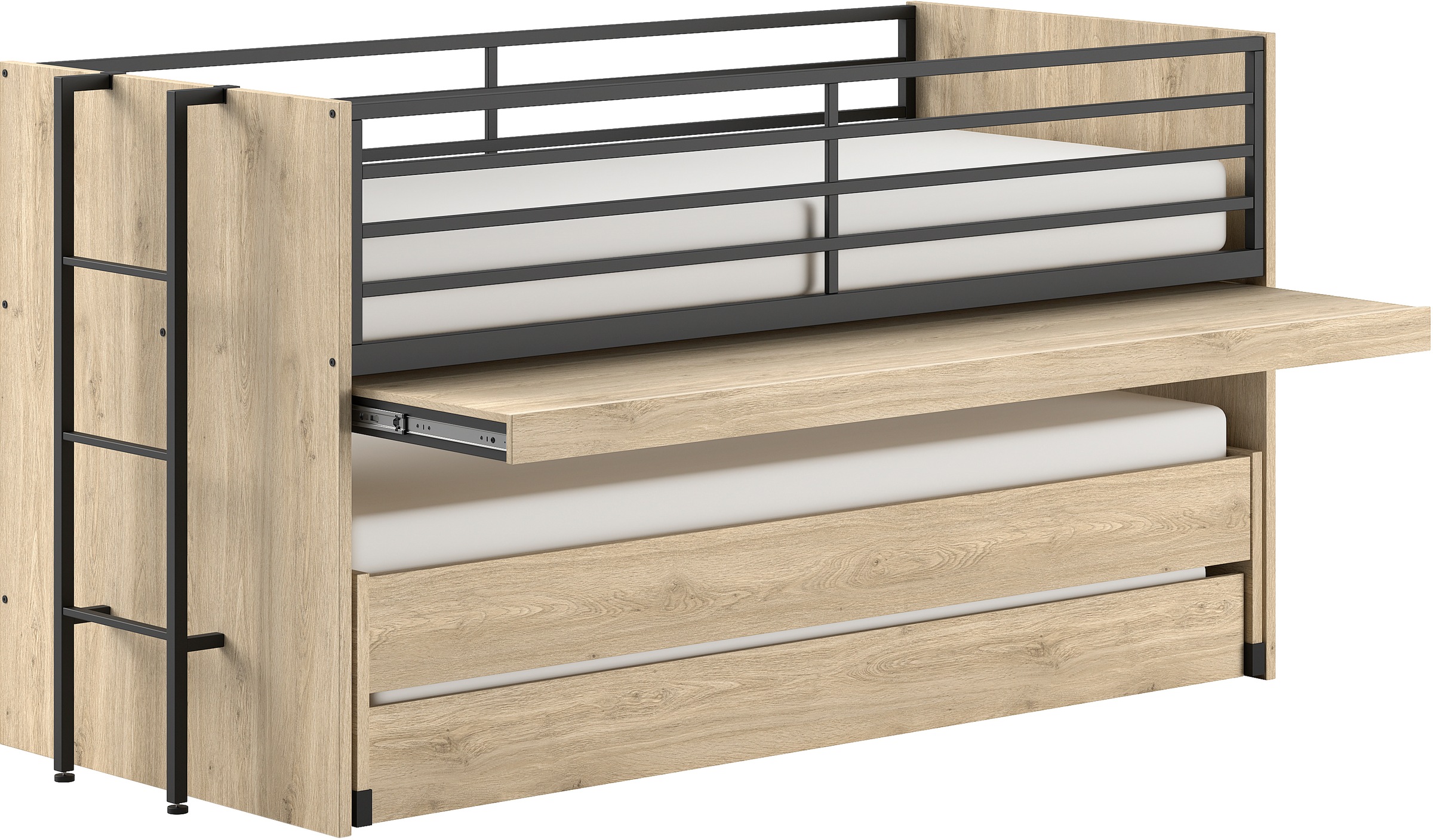 Home affaire Etagenbett »praktisches Etagenbett mit viel Funktion, 2 Dekore zur Wahl«, (B/H/T ca. 219x114x98cm, Metall Leiter und Absturzschutz in schwarz), für kleine Räume, 2 Liegefl., Bettschublade, inkl. Schreibtisch