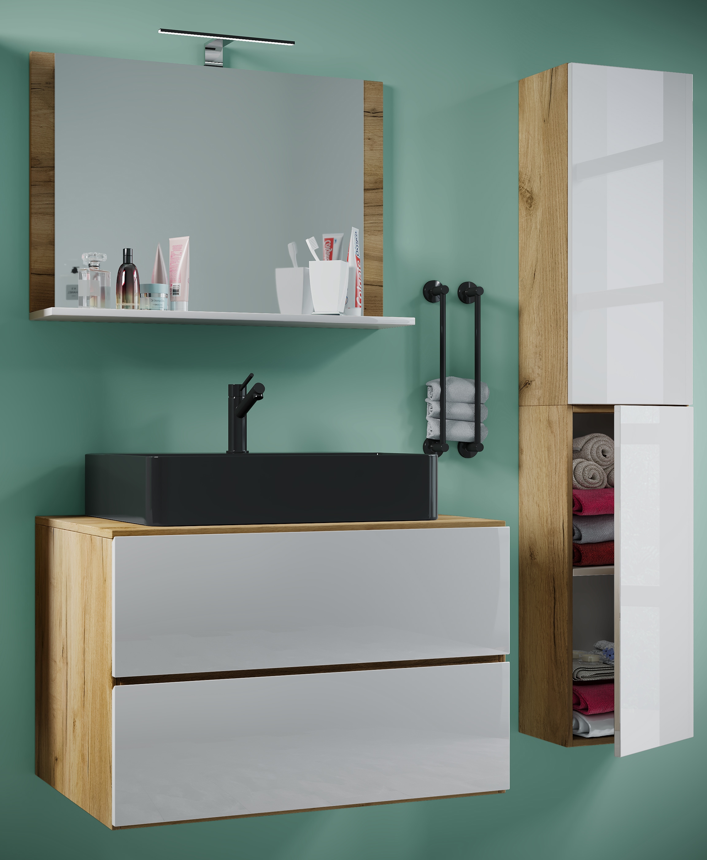 VCM Waschbeckenunterschrank »VCM 4-tlg. Waschplatz Waschtisch Badmöbel Set Waschbecken Lendas-BL Breite 80 cm L Schublade«, (4 St.)
