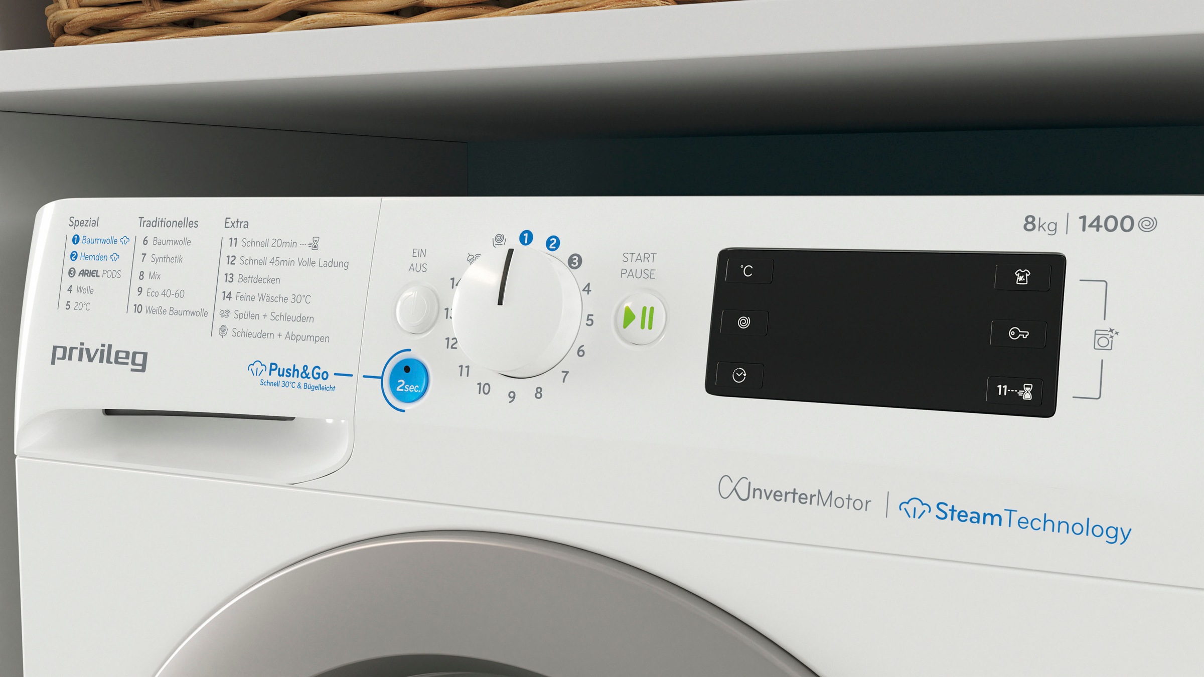 Privileg Waschmaschine »PWFV X 853 A«, 8 kg, 1400 U/min, Dampf-Programme für Baumwolle und Hemden – glättet die Fasern