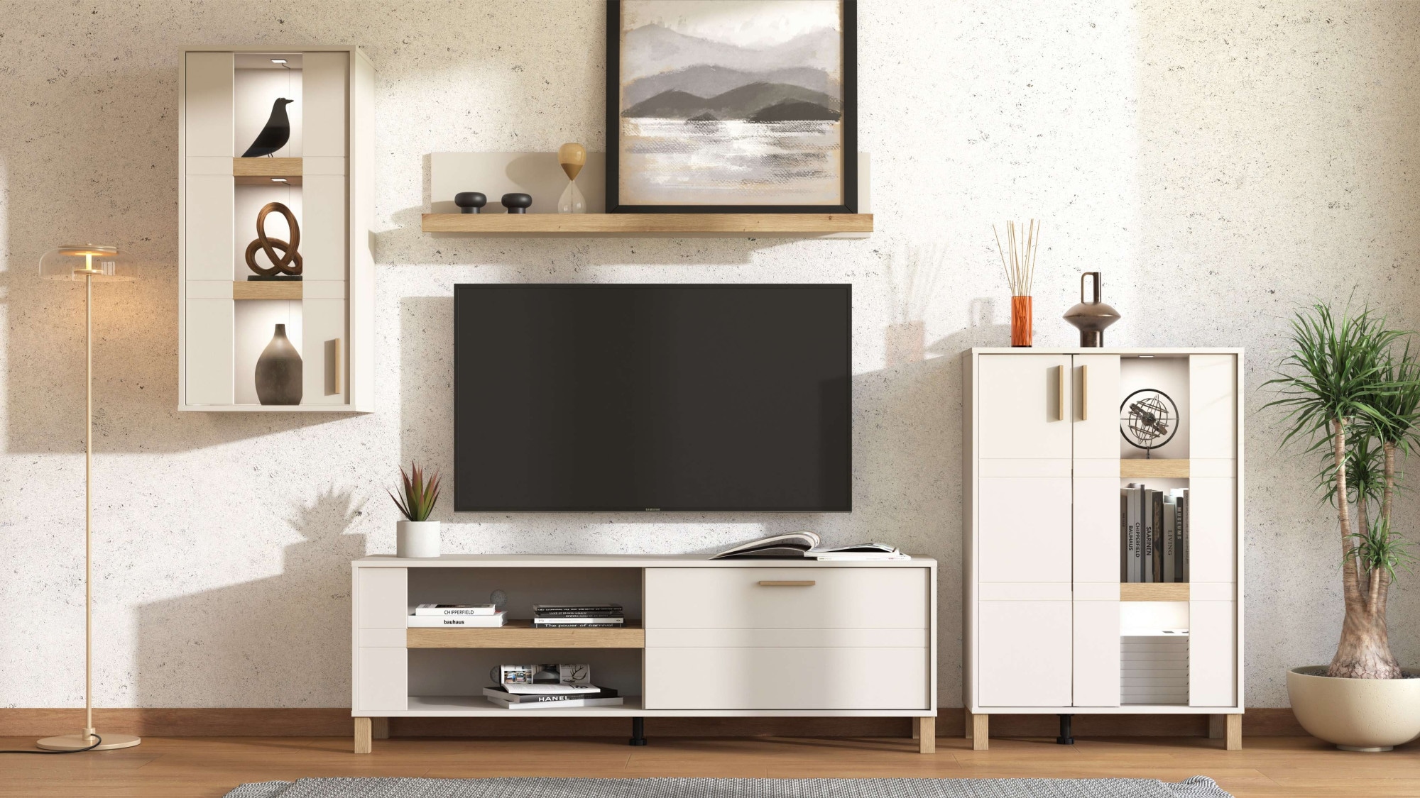 Home affaire Wohnwand »Sheffield, inkl. TV-Board, Highboard, Hängevitrine und Wandregal«, (Komplett-Set, 4 St.), Getöntes Glas, 2D-beschichtetes MDF-Profil, Heißprägedetails