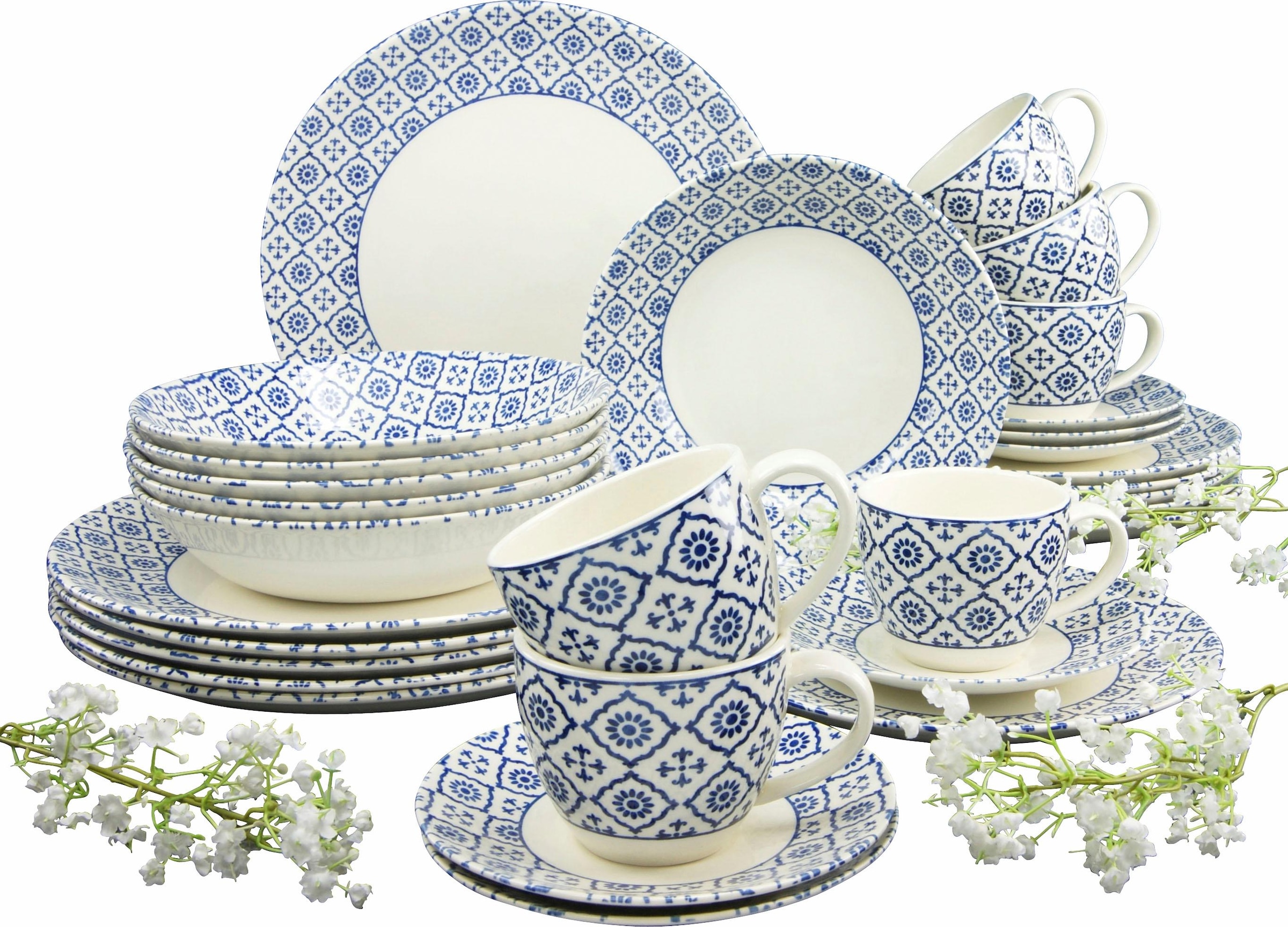 CreaTable Kombiservice »Geschirr-Set ORIENTAL BLUE«, (Set, 30 tlg., Kaffeeservice und Tafelservice im Set, für 6 Personen), Service, traditionelles Dekor, 30 Teile, für 6 Personen