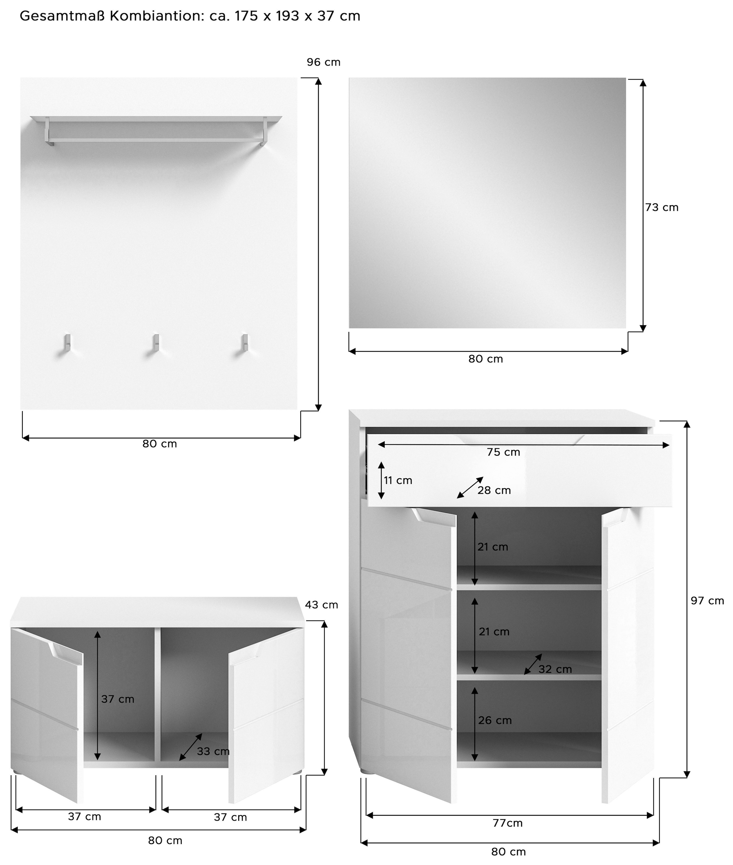 INOSIGN Garderoben-Set »CAPRI, 4-teilig, mit eingefasster Griffmulde, bestehend aus:«, (4 St.), Sitzbank, Garderobenpaneel, Schuhkommode und Garderobenspiegel