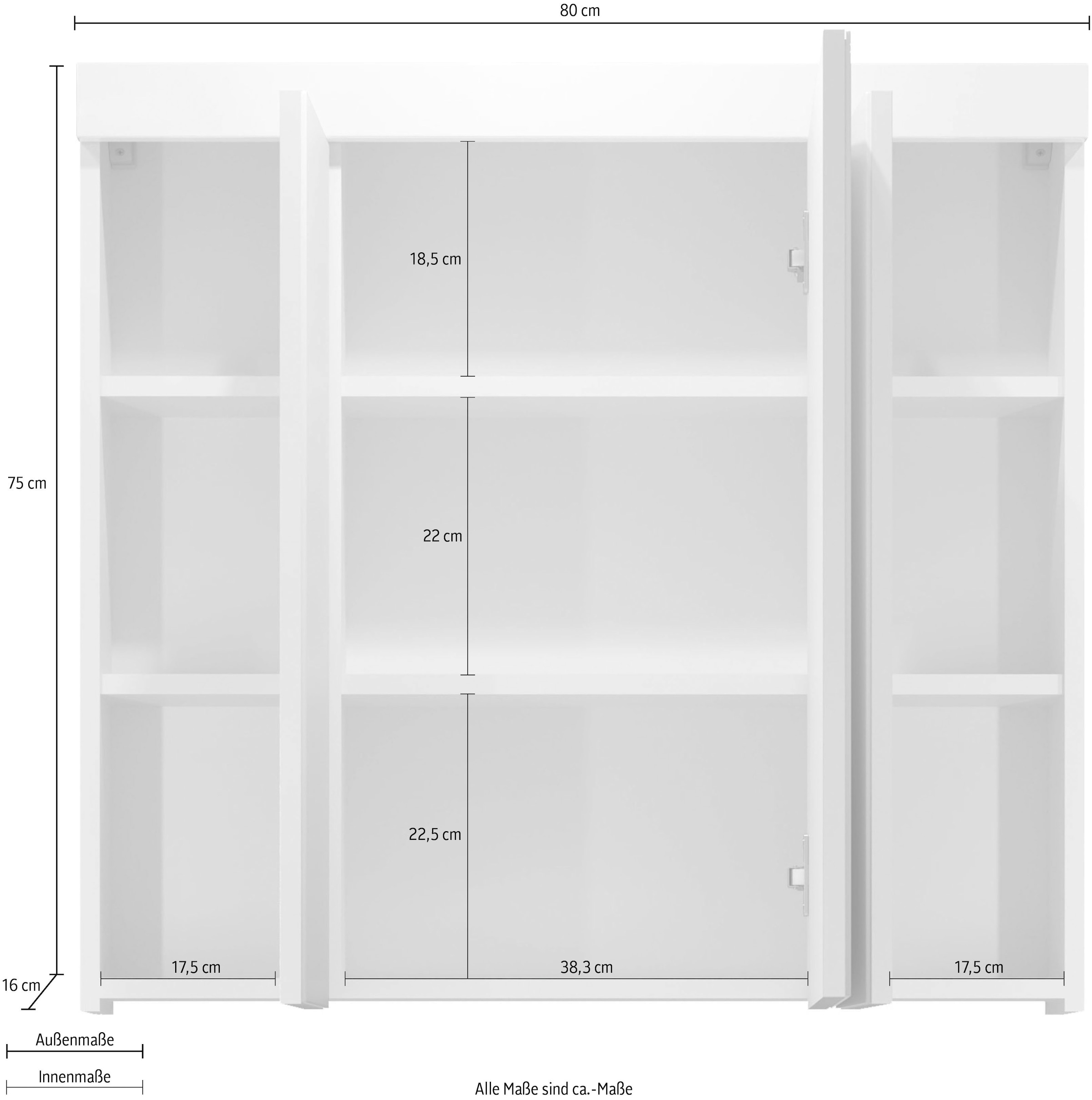 welltime Spiegelschrank »Dormoletto« Badspiegel in Weiß mit 9 Fächern - Maße (B/T/H) 80/16/75 cm