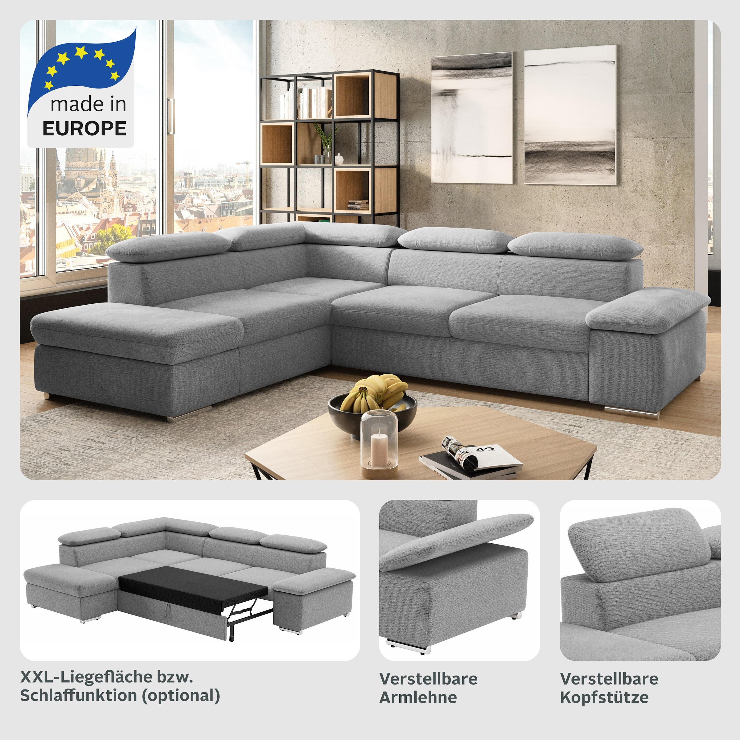 Ecksofa Valantine V, wahlweise mit Bettfunktion