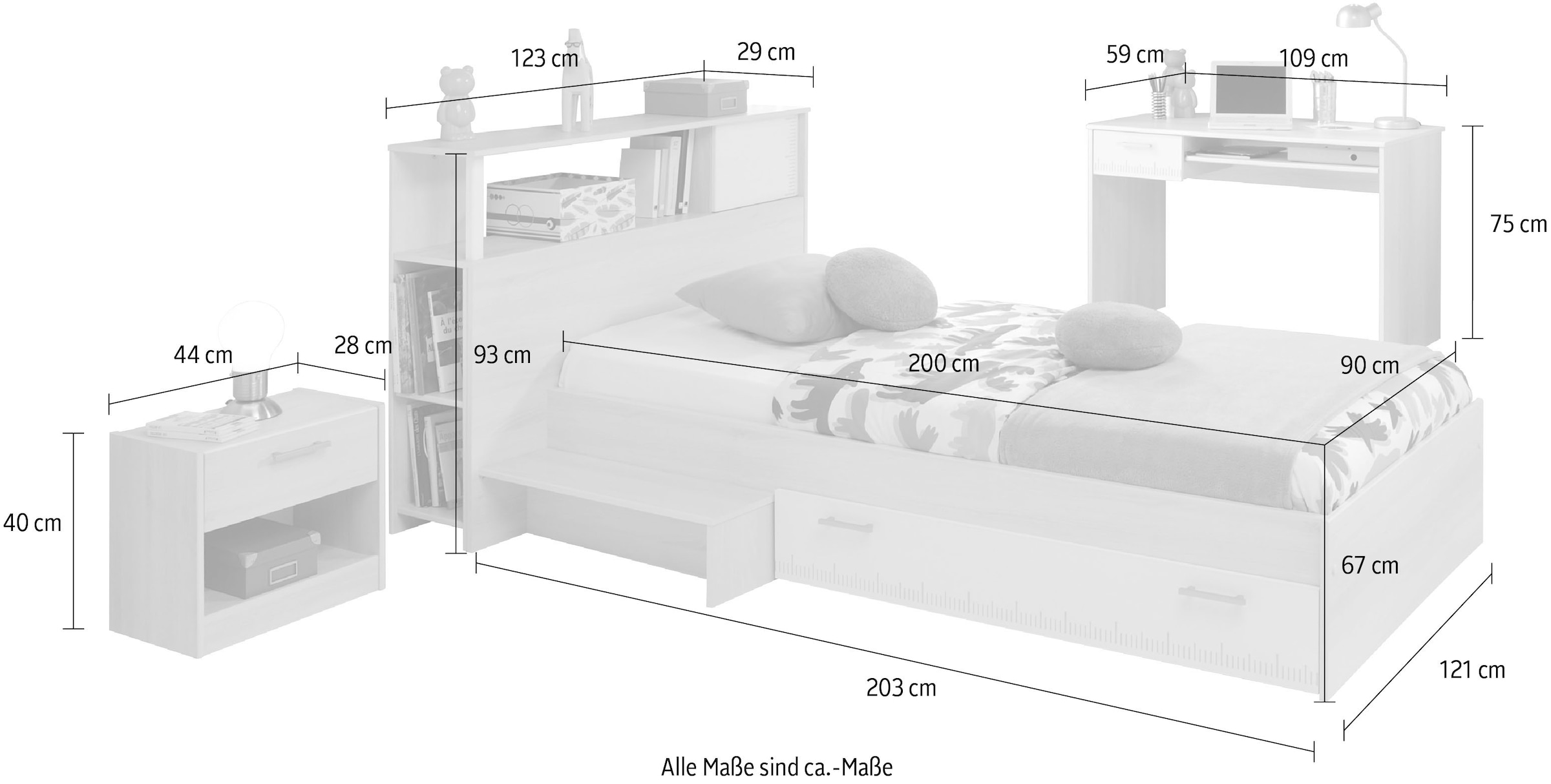 Parisot Jugendzimmer-Set »Charly 11«, (Set, 4 St., Bett mit Anstellregal, Nachttisch, und Schreibtisch), mit einem Schreibtisch