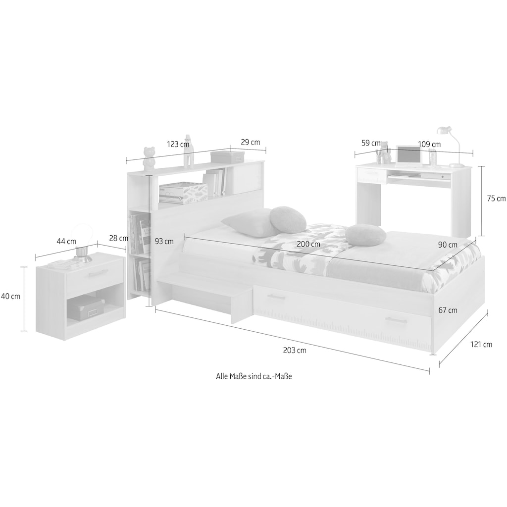 Parisot Jugendzimmer-Set »Charly 11«, (Set, 4 St., Bett mit Anstellregal, Nachttisch, und Schreibtisch)