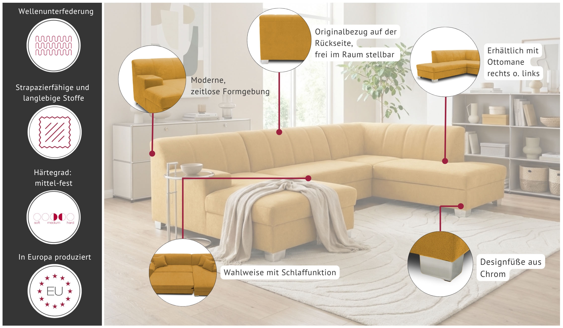 OTTO home Wohnlandschaft »Lolland 296 x 195 cm, modern, mit Steppungen, mittelfester Sitz« U-Form, aus pflegeleichtem, weichem Luxus-Microfaser